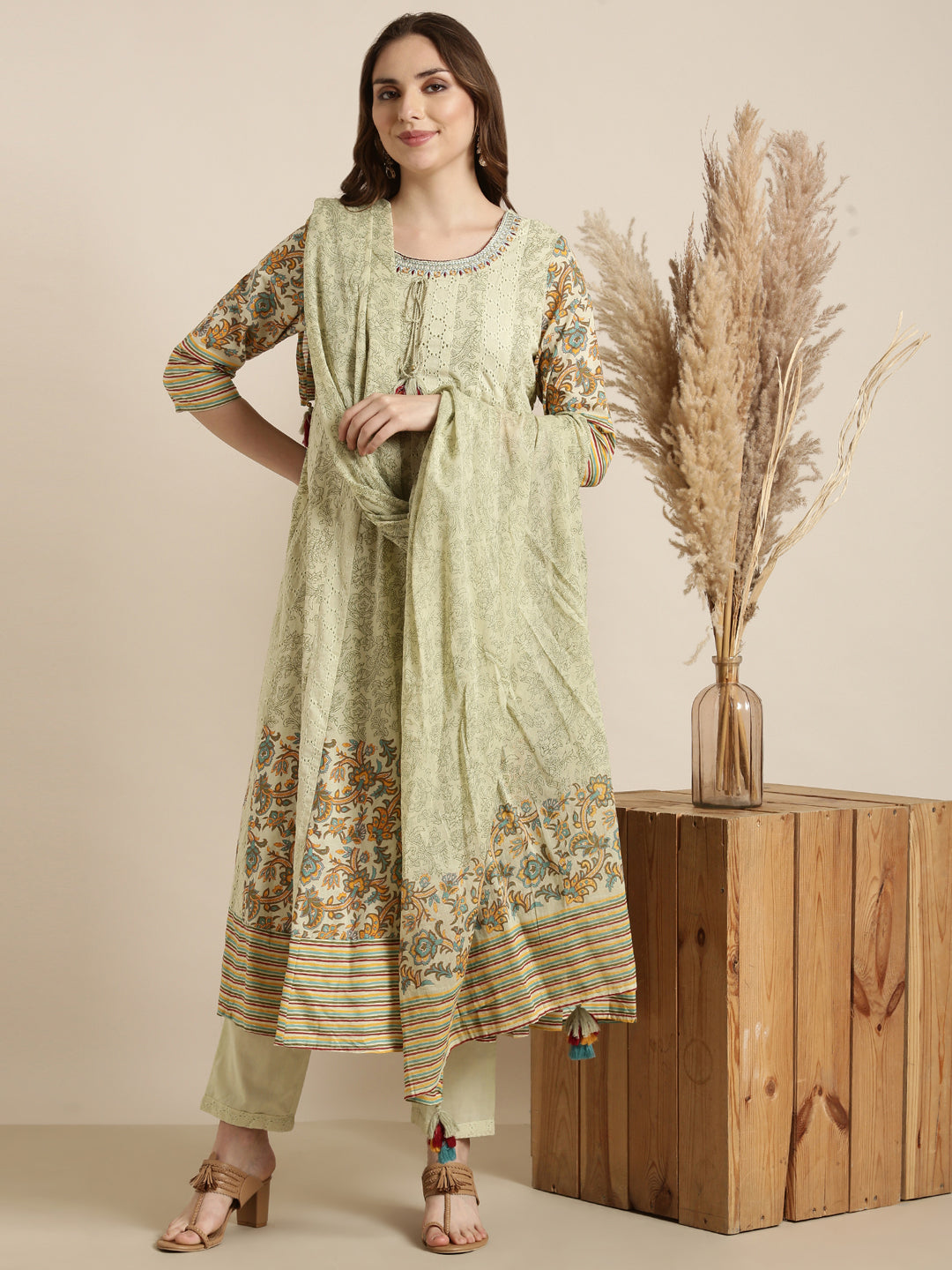 Women Anarkali Green Ethnic Motifs Kurta and Trousers Set Comes With Dupatta