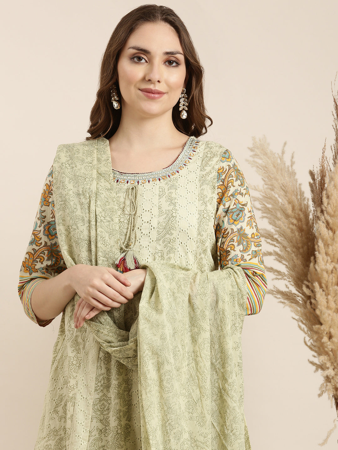 Women Anarkali Green Ethnic Motifs Kurta and Trousers Set Comes With Dupatta