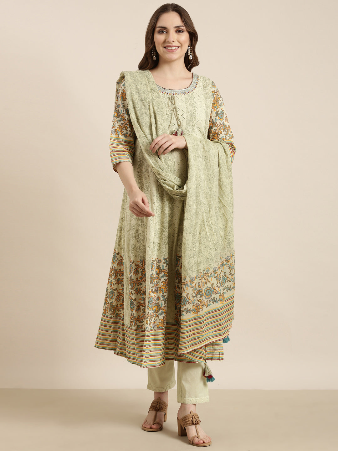 Women Anarkali Green Ethnic Motifs Kurta and Trousers Set Comes With Dupatta