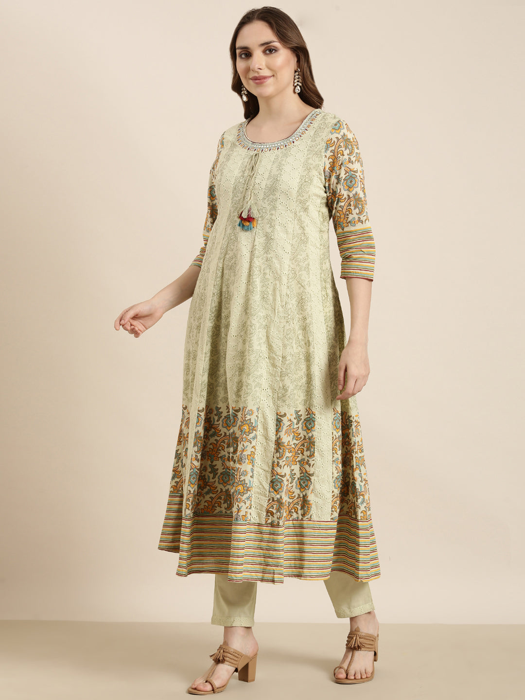 Women Anarkali Green Ethnic Motifs Kurta and Trousers Set Comes With Dupatta