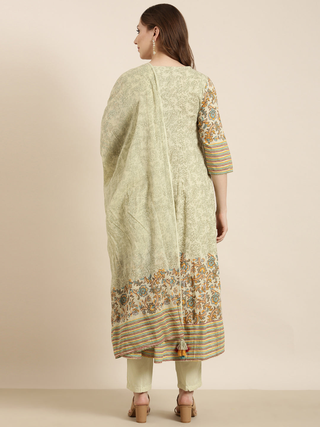 Women Anarkali Green Ethnic Motifs Kurta and Trousers Set Comes With Dupatta