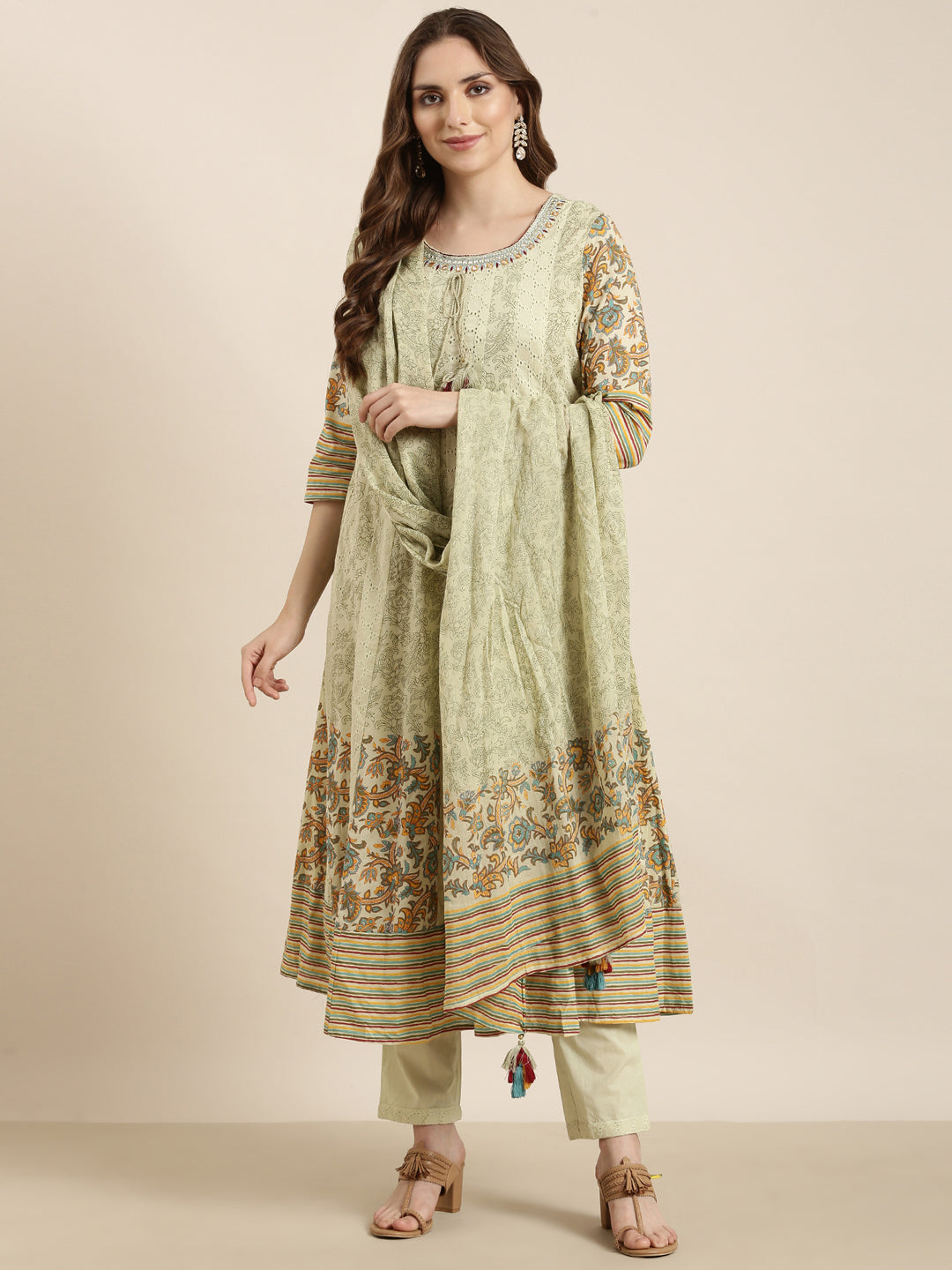 Women Anarkali Green Ethnic Motifs Kurta and Trousers Set Comes With Dupatta