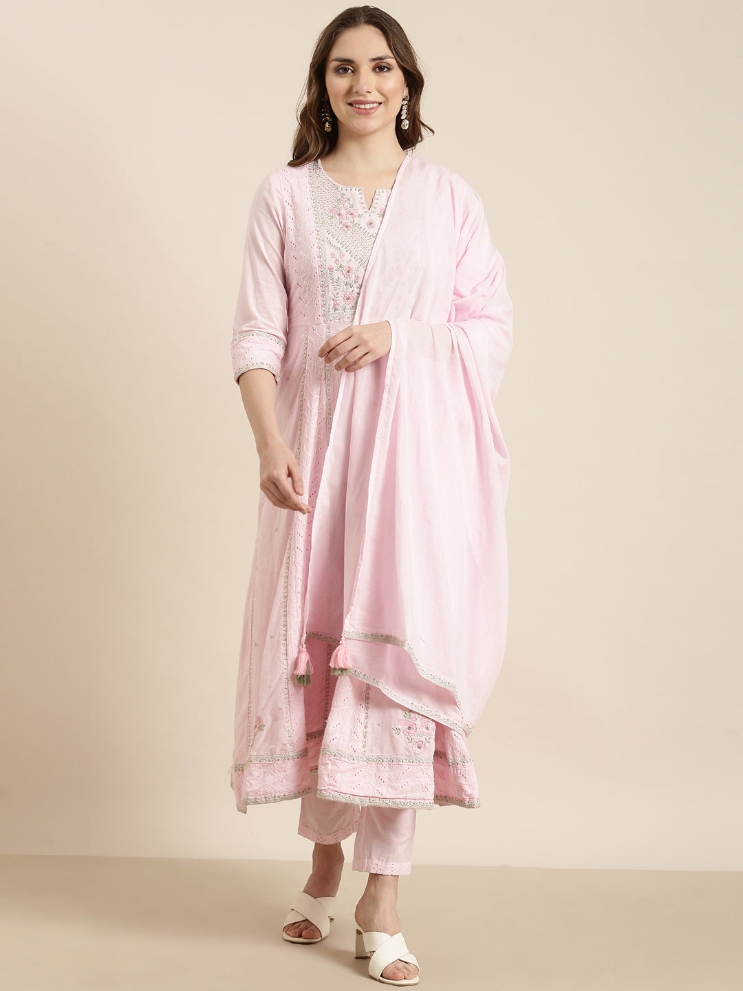 Women Anarkali Pink Floral Kurta and Trousers Set Comes With Dupatta