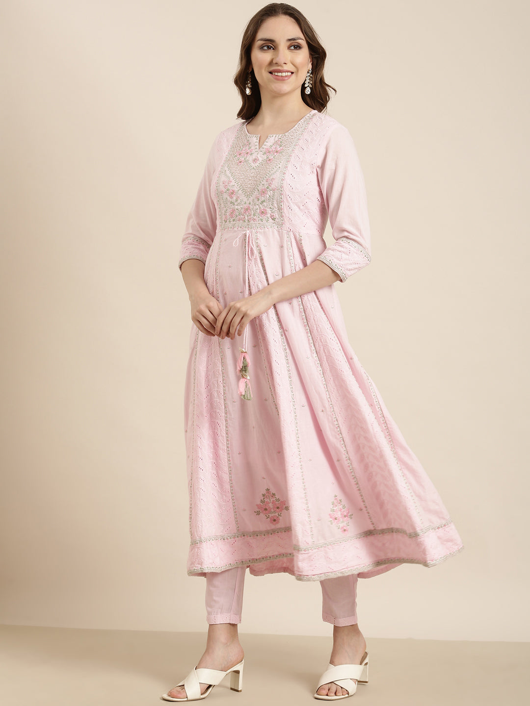 Women Anarkali Pink Floral Kurta and Trousers Set Comes With Dupatta