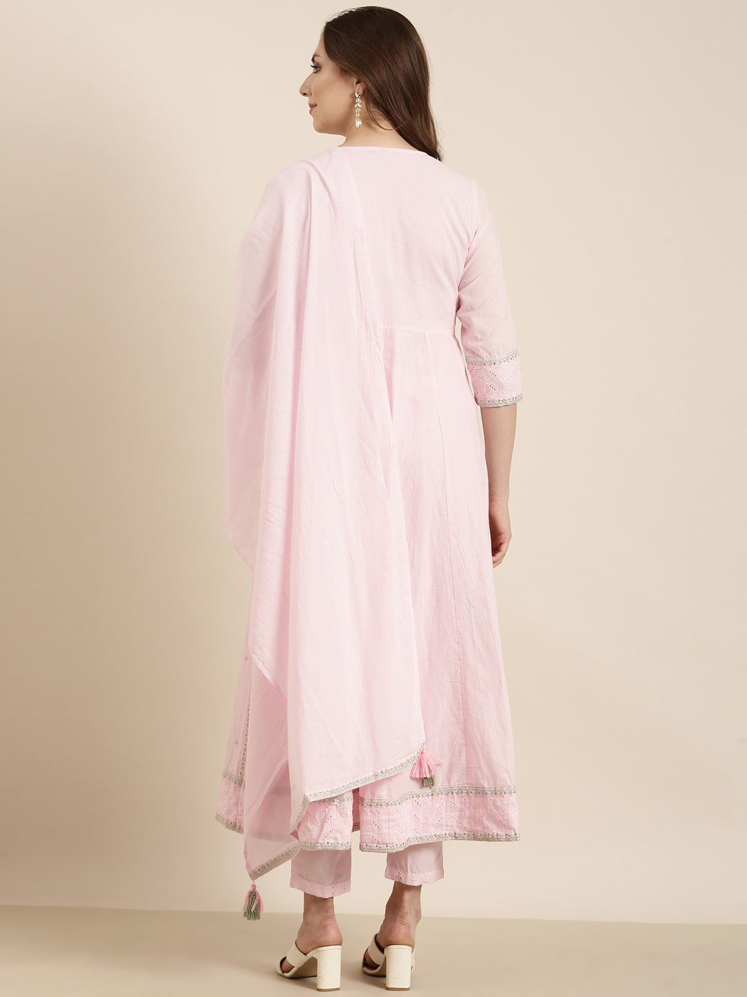 Women Anarkali Pink Floral Kurta and Trousers Set Comes With Dupatta