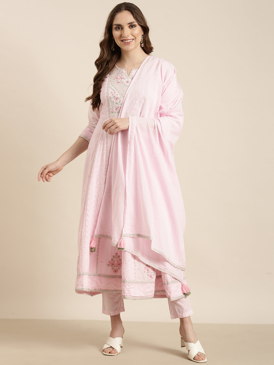 Women Anarkali Pink Floral Kurta and Trousers Set Comes With Dupatta