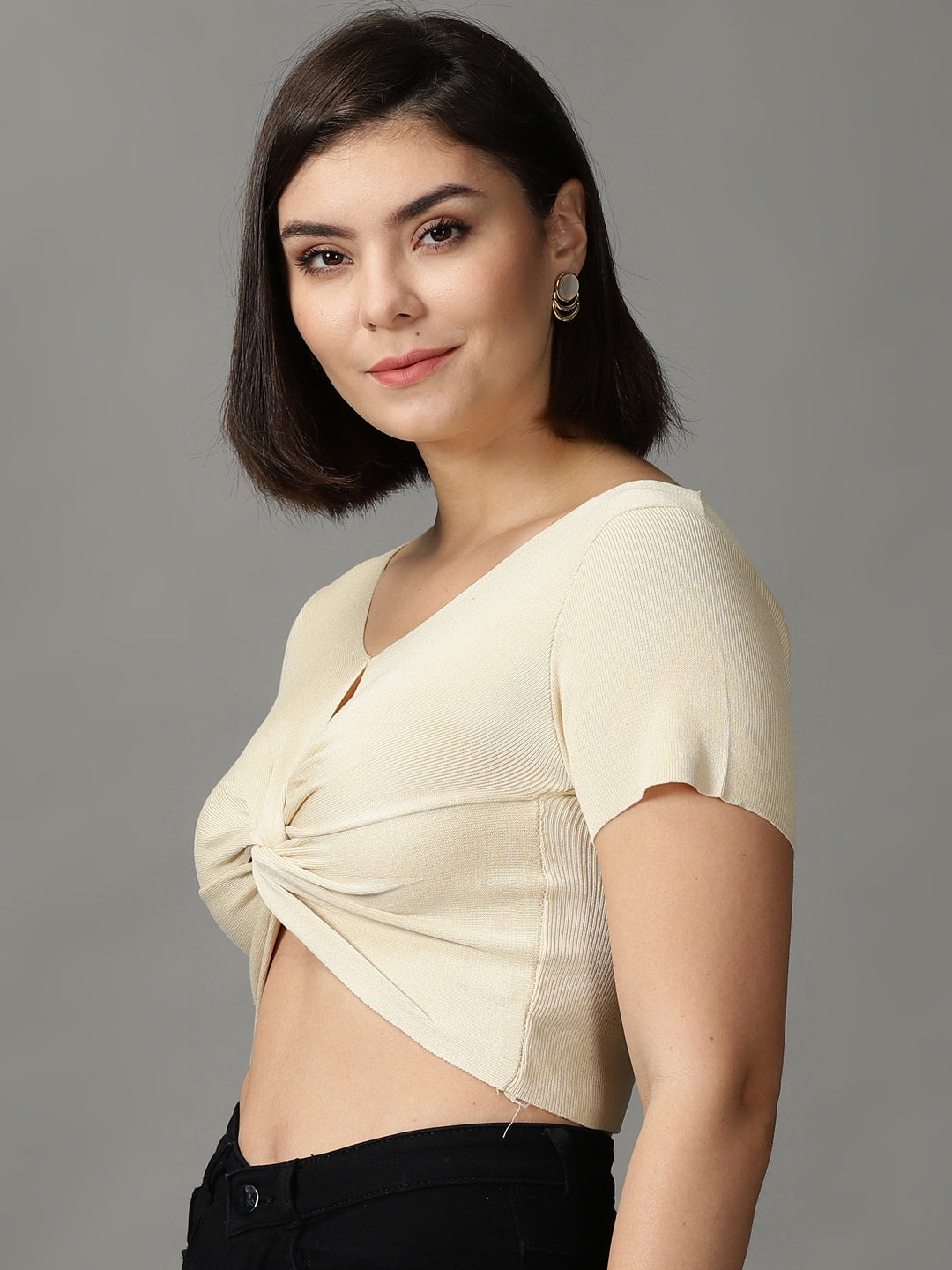 Women's Beige Solid Wrap Crop Top