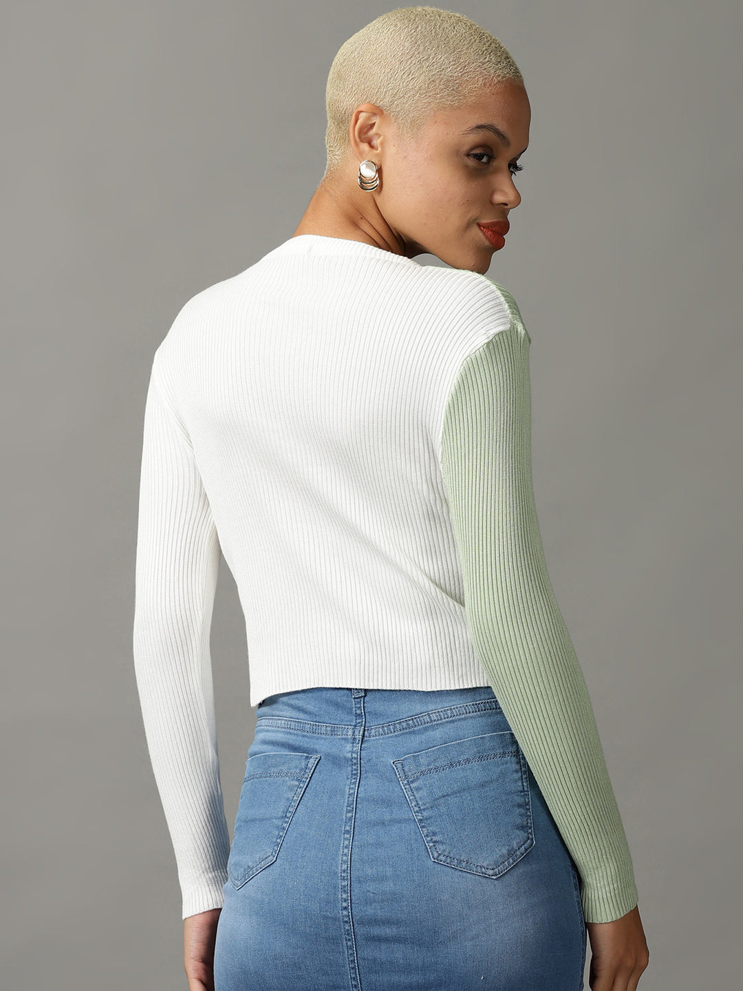 Women's White Ribbed Colour blocked Shirt Style Top