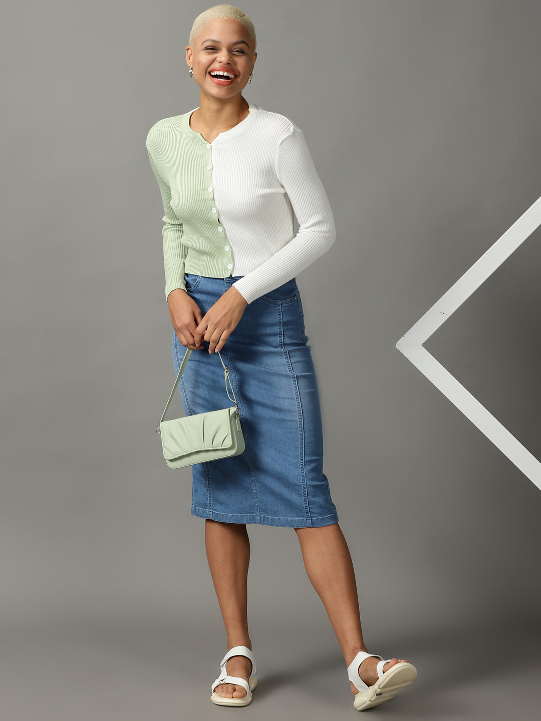 Women's White Ribbed Colour blocked Shirt Style Top