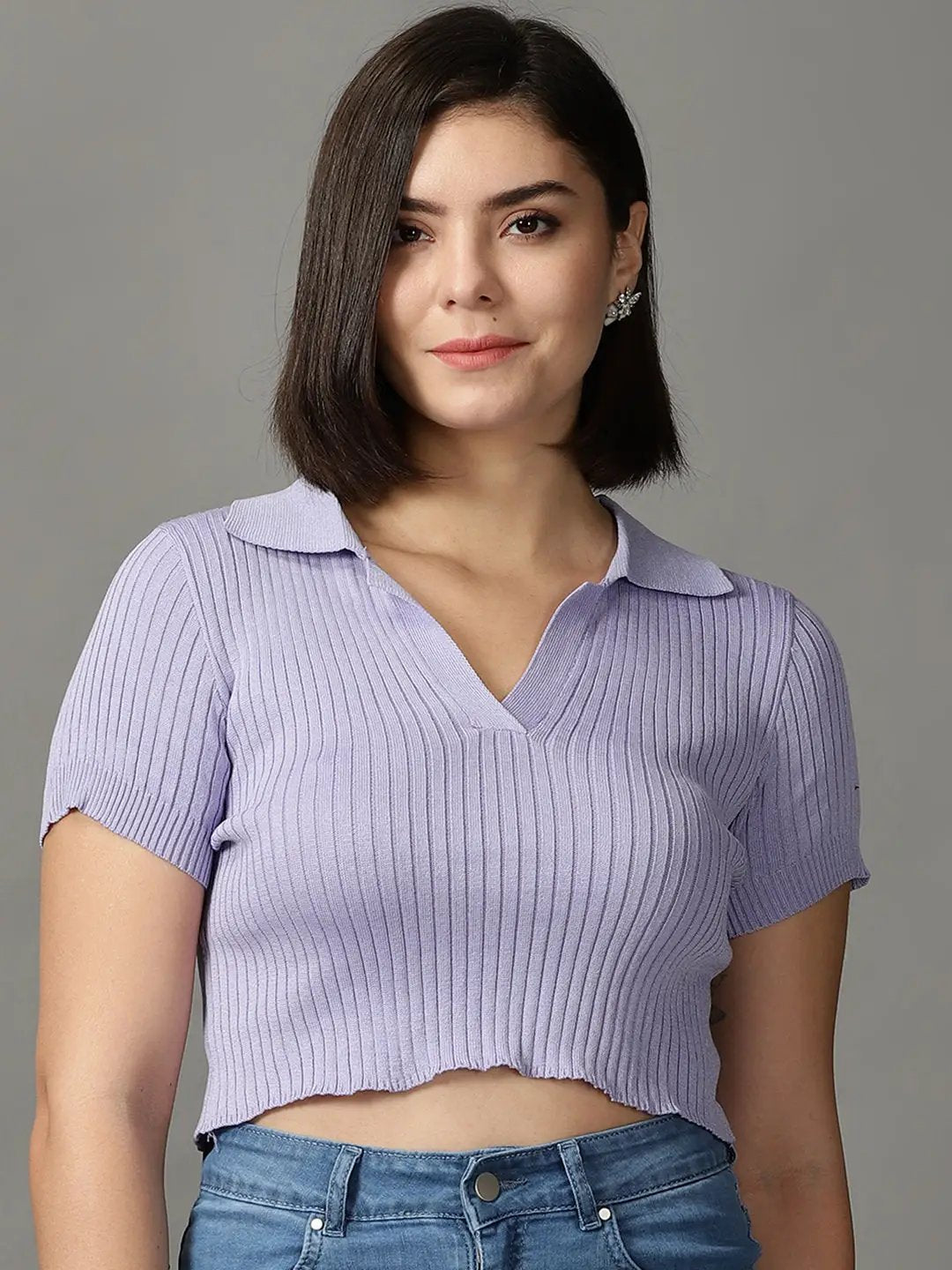 Women's Purple Solid Fitted Crop Top