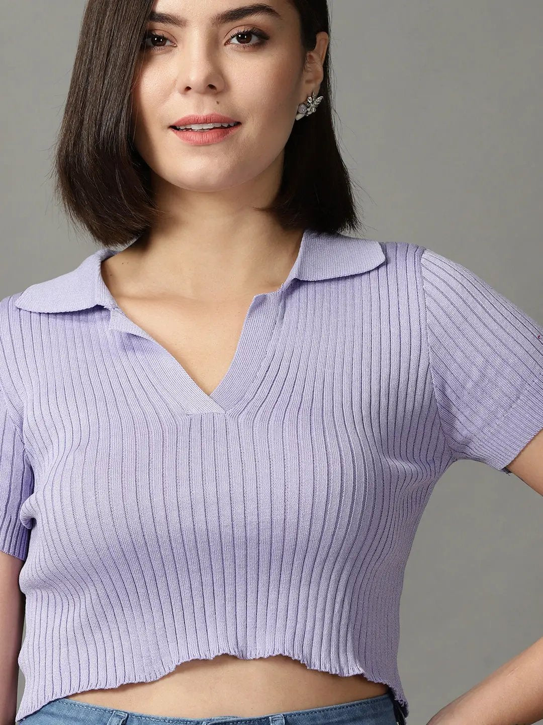 Women's Purple Solid Fitted Crop Top
