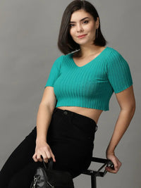 Women's Sea Green V-Neck Fitted Acrylic Crop Top