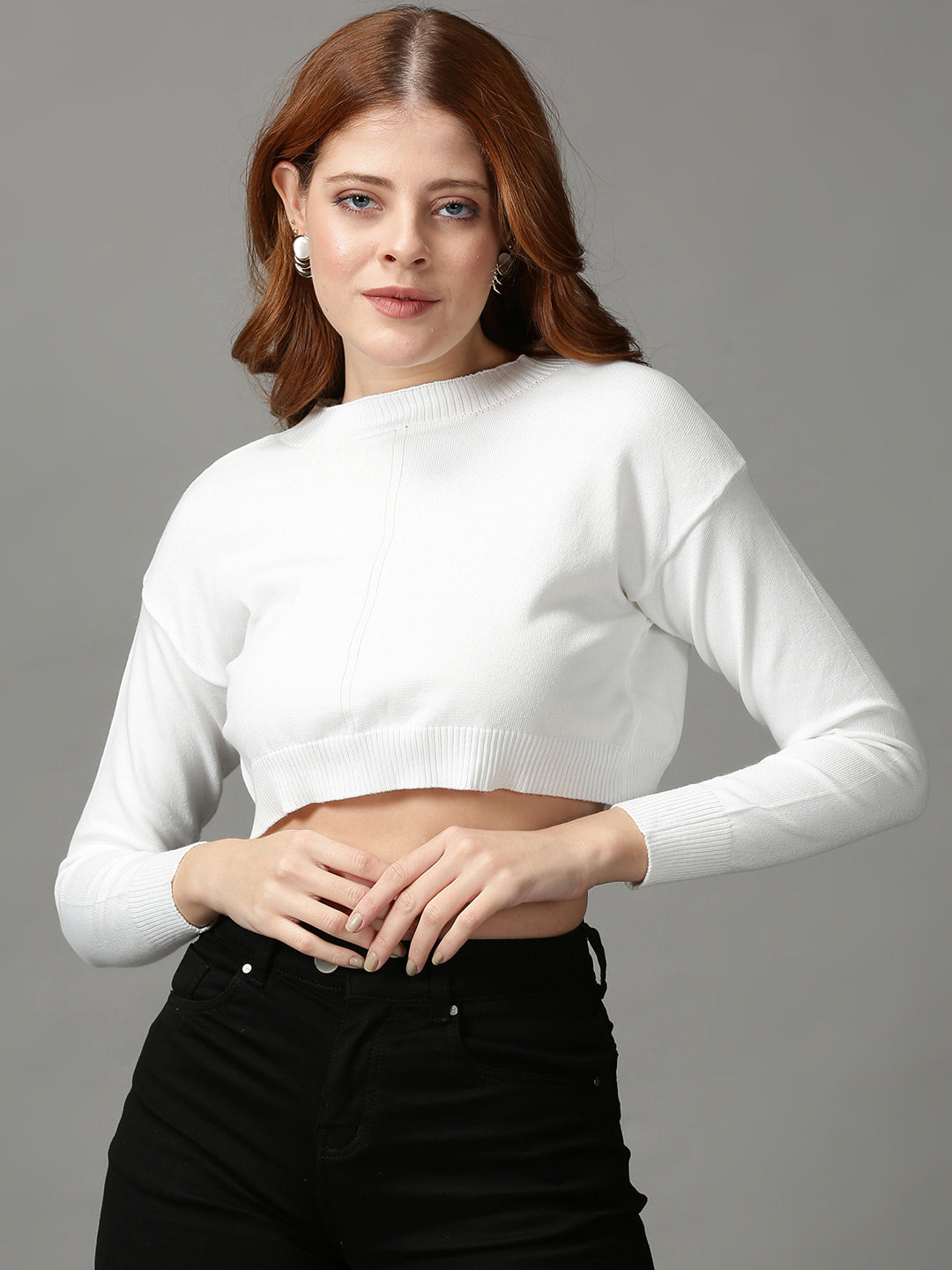 Women's White Solid Fitted Crop Top