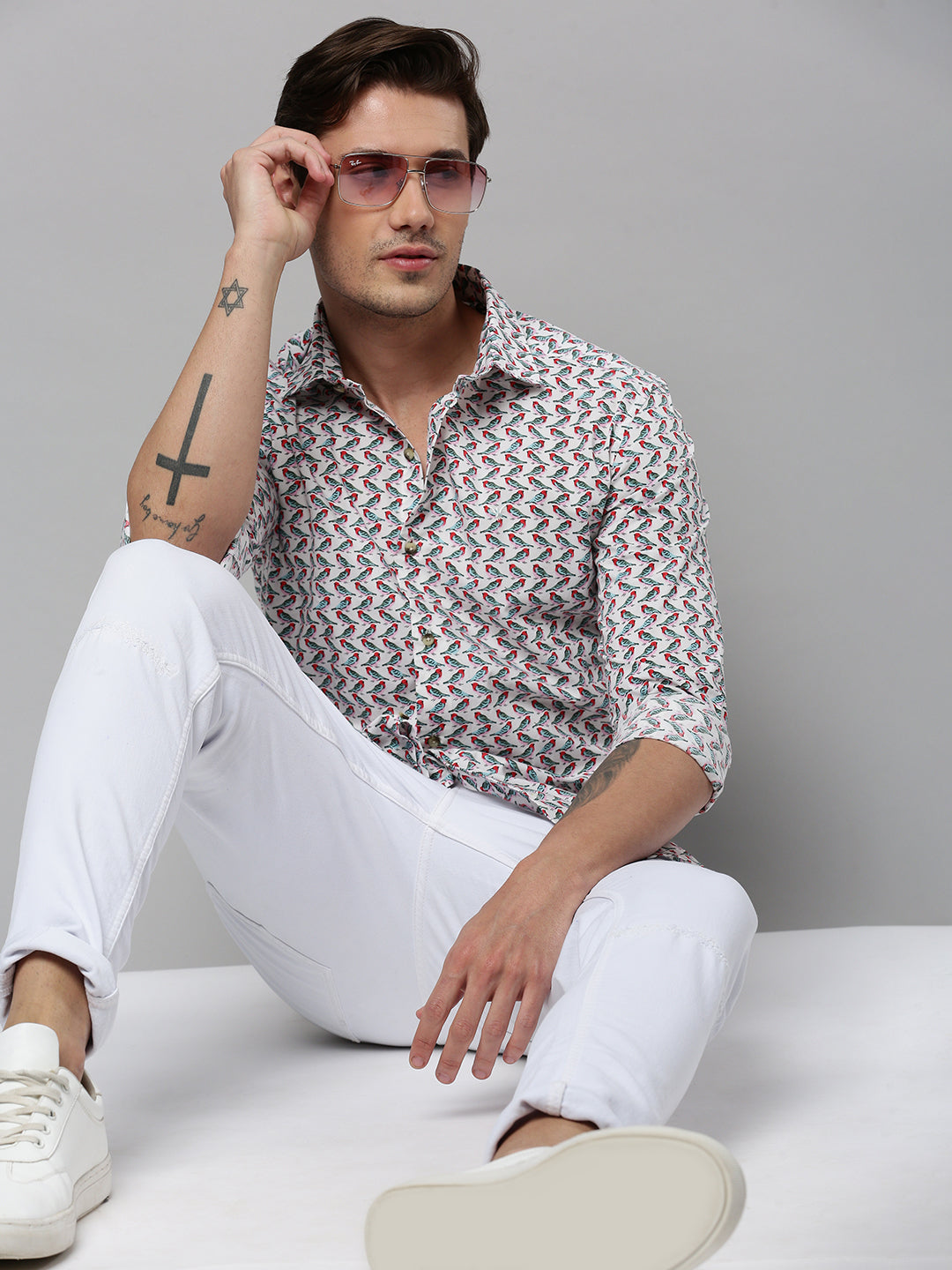 Men White Printed Casual Shirt