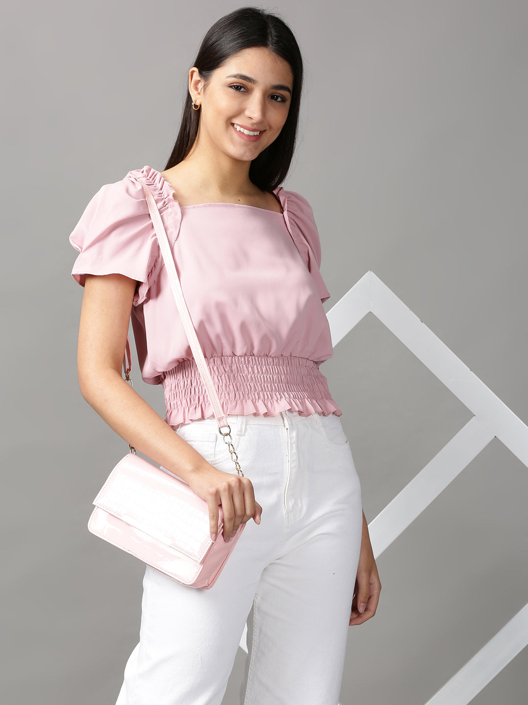 Women's Pink Solid Cinched Waist Crop Top