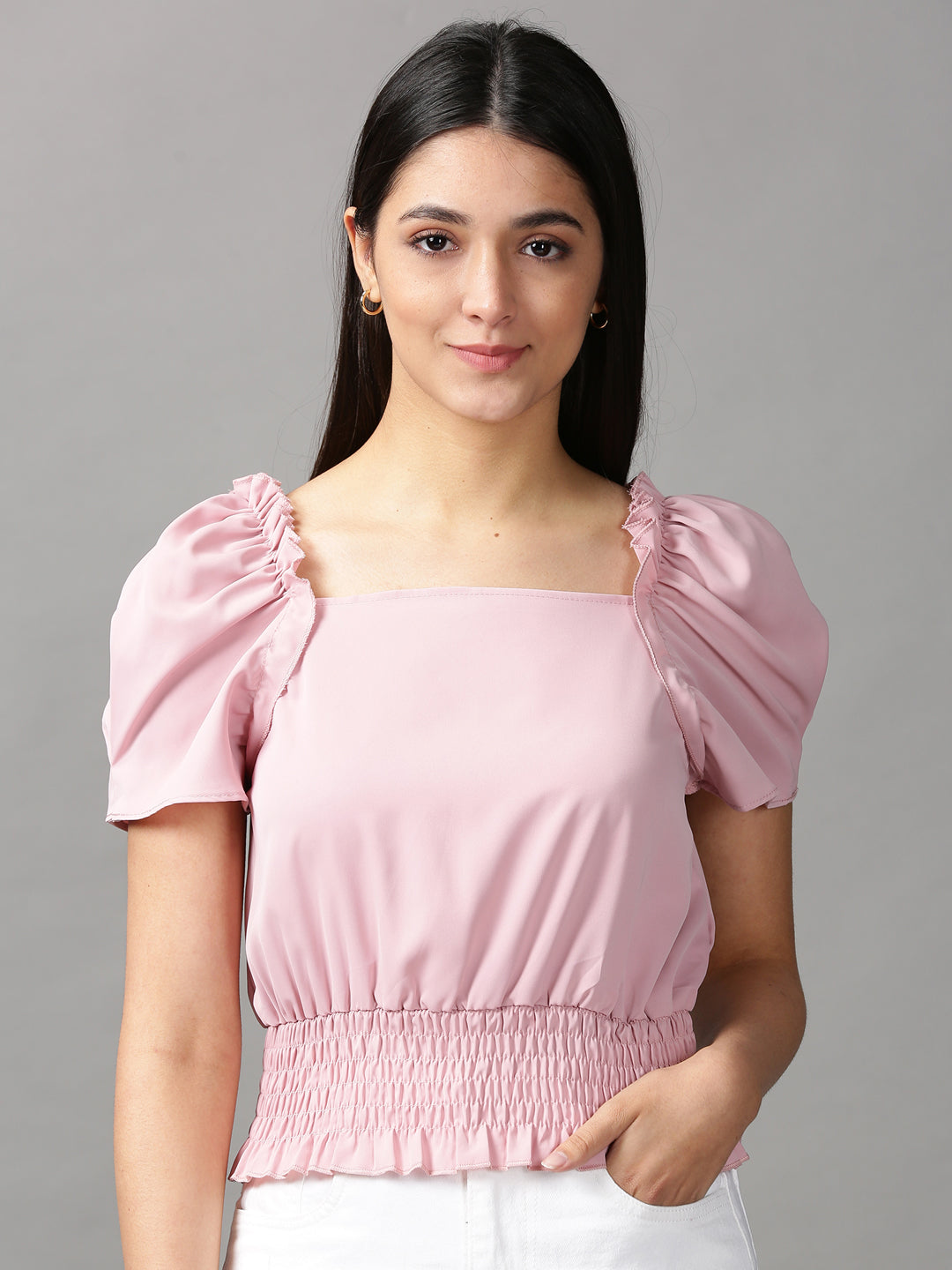 Women's Pink Solid Cinched Waist Crop Top