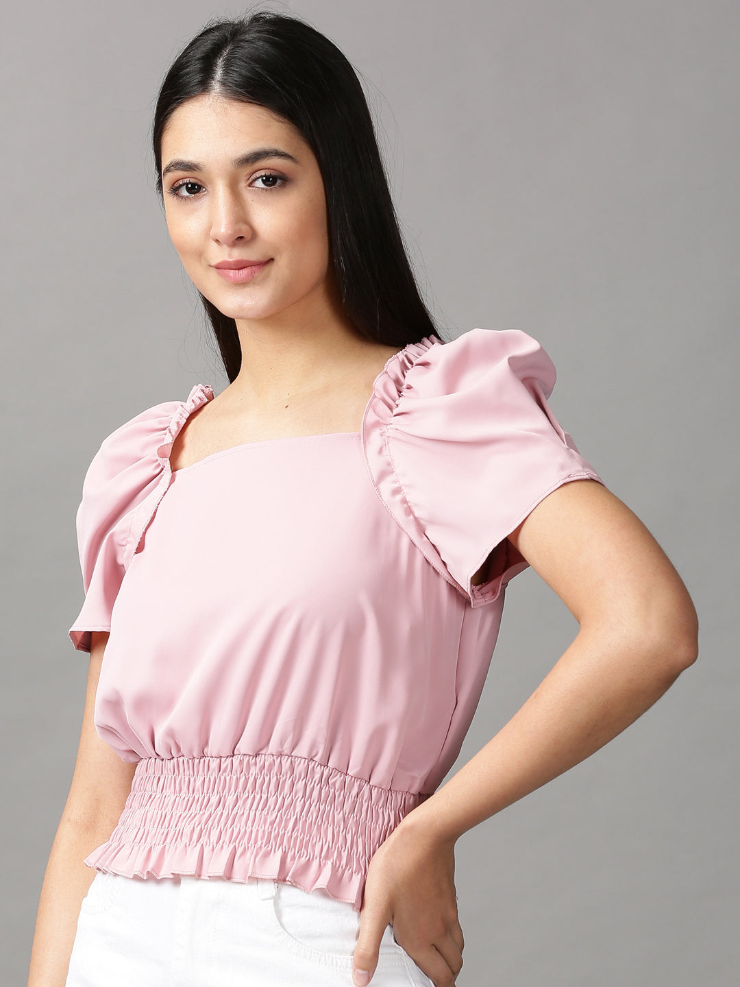 Women's Pink Solid Cinched Waist Crop Top