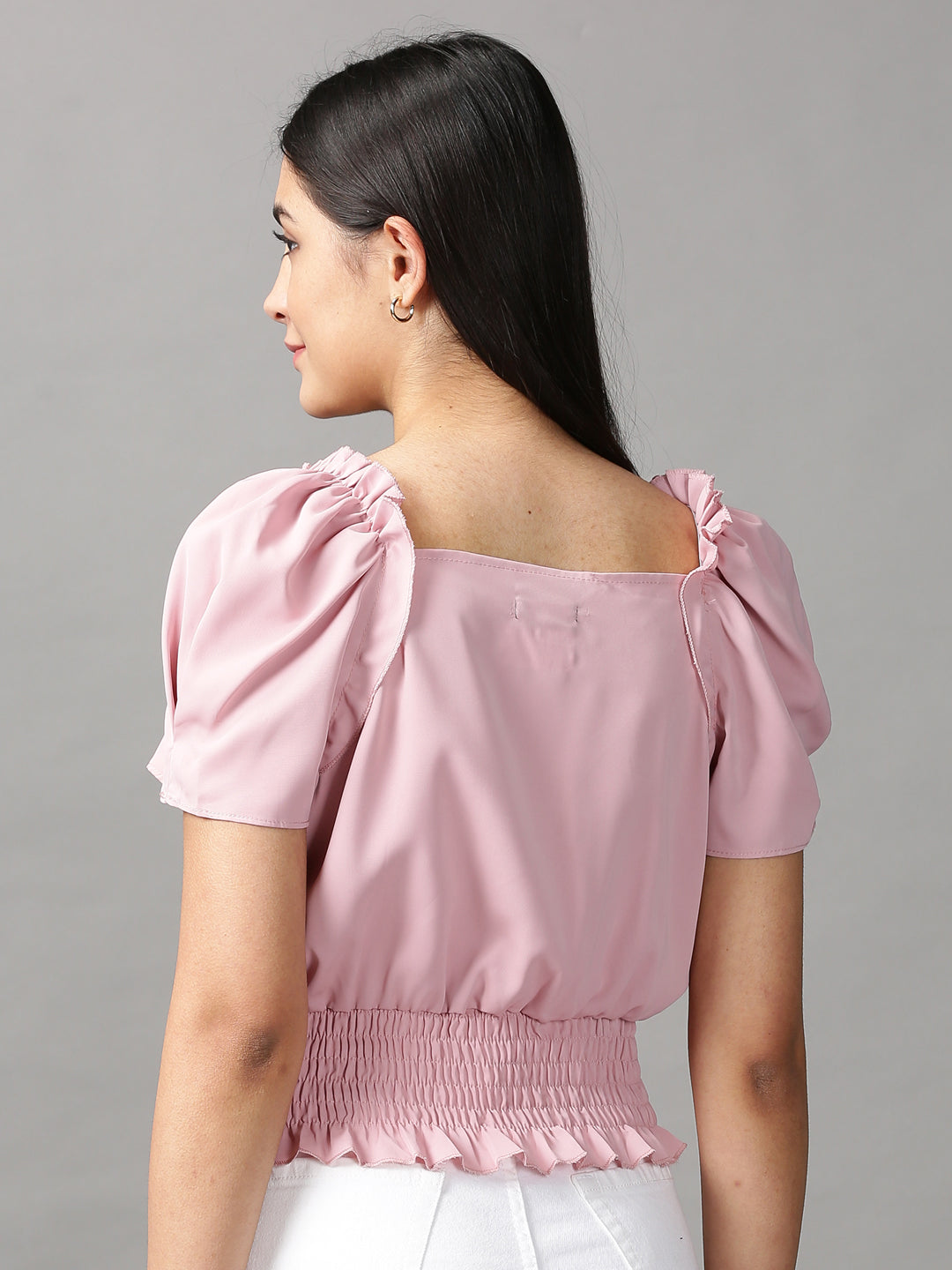 Women's Pink Solid Cinched Waist Crop Top