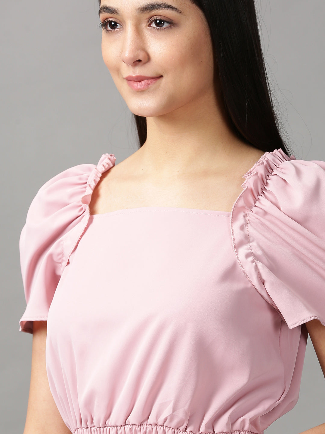 Women's Pink Solid Cinched Waist Crop Top