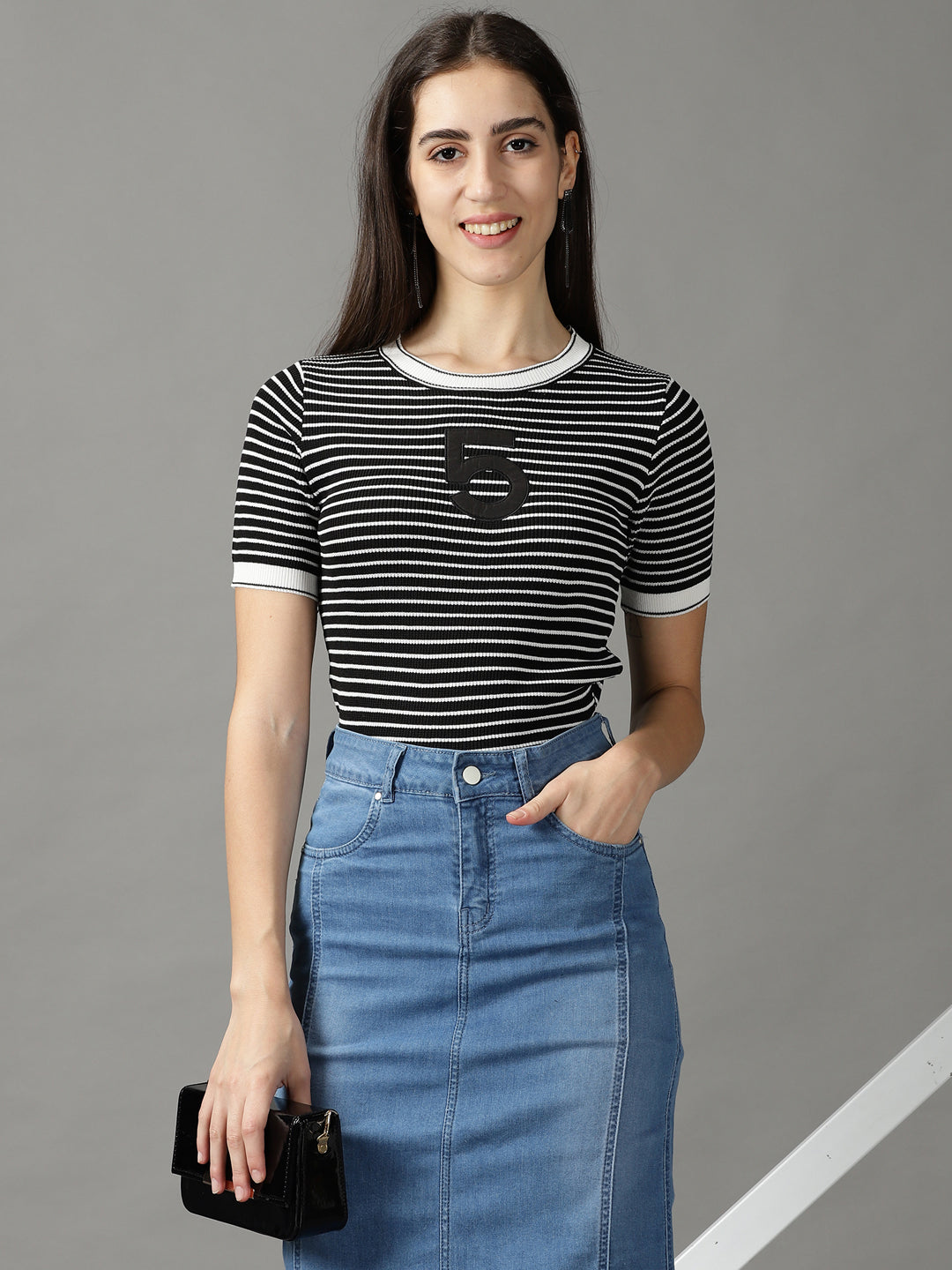 Women's Black Striped Fitted Top