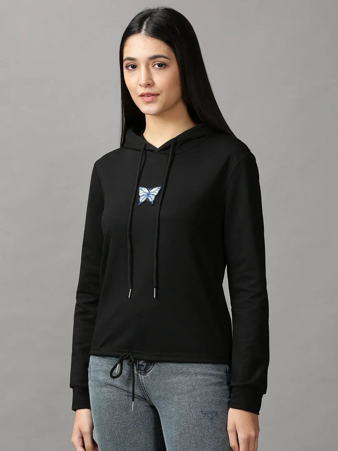 Women's Black Applique Hooded Cotton Sweatshirt