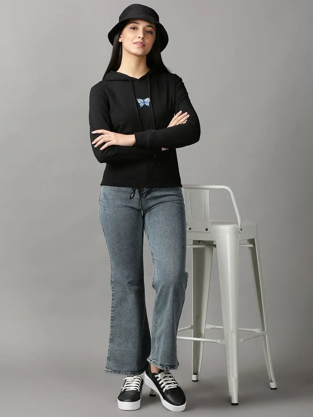 Women's Black Applique Hooded Cotton Sweatshirt