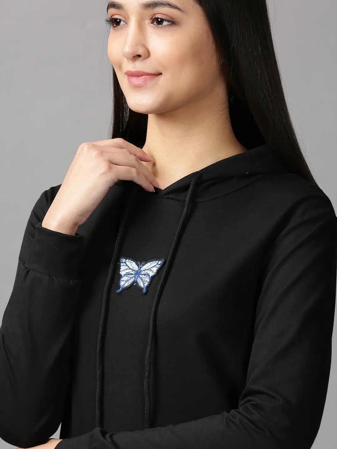Women's Black Applique Hooded Cotton Sweatshirt