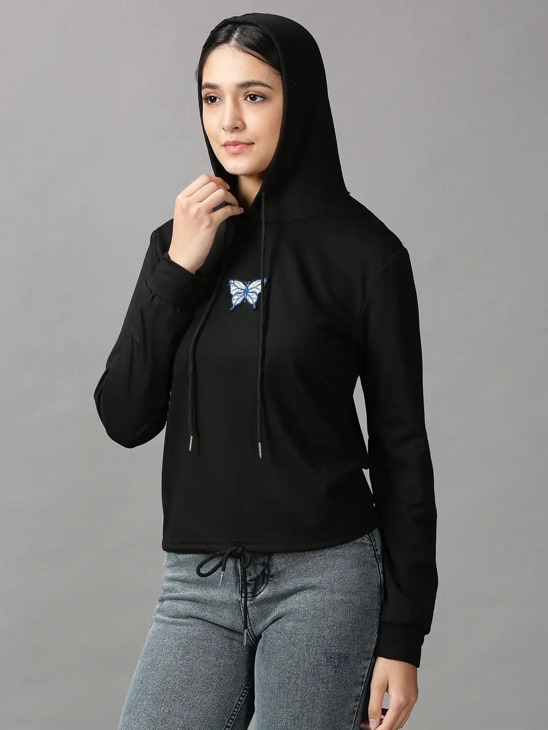 Women's Black Applique Hooded Cotton Sweatshirt