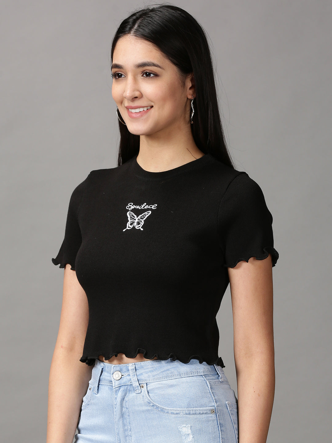 Women's Black Solid Fitted Crop Top