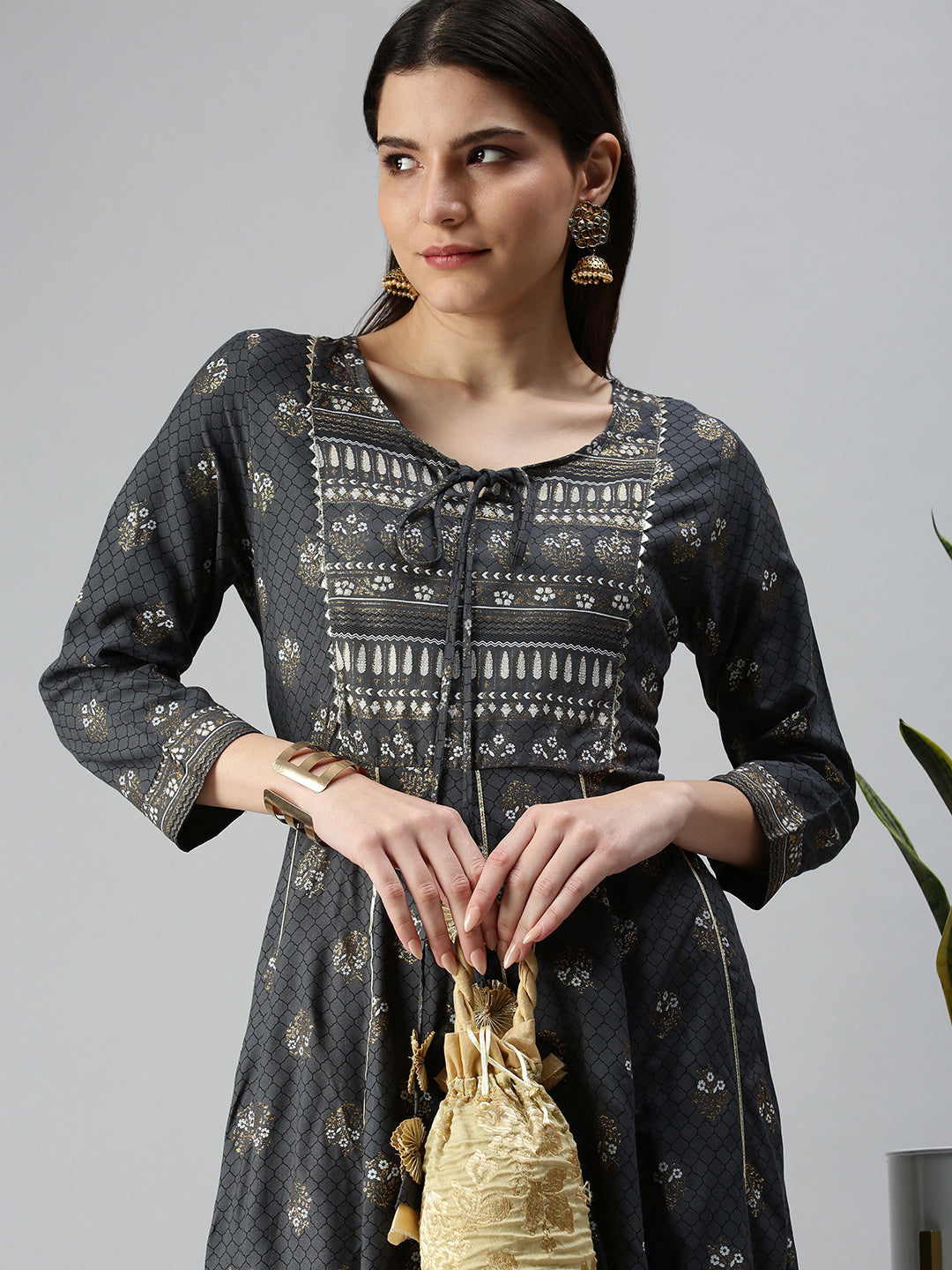 Women's Grey Printed Anarkali Kurta