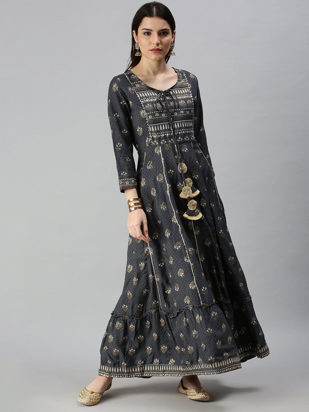 Women's Grey Printed Anarkali Kurta