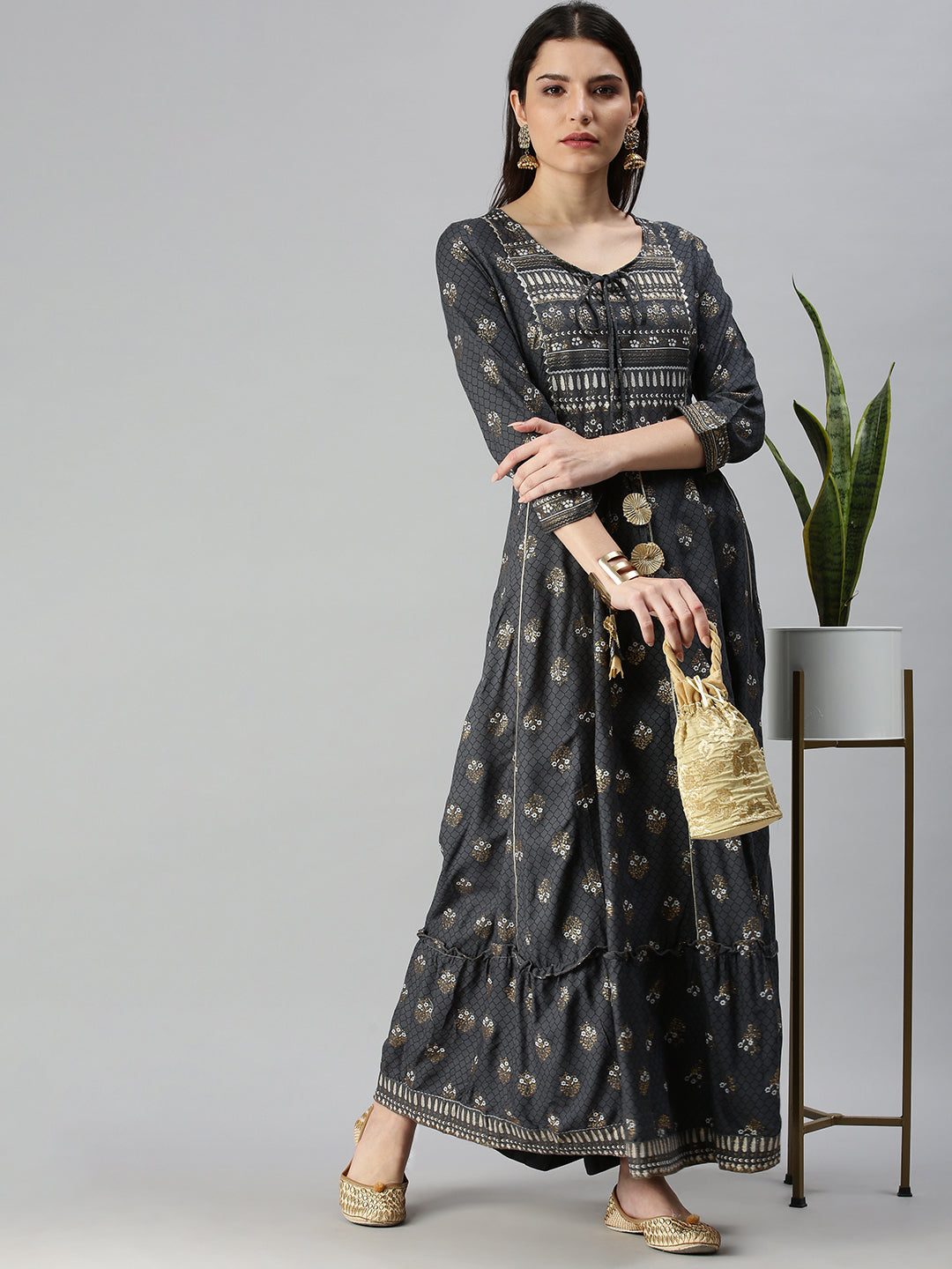 Women's Grey Printed Anarkali Kurta