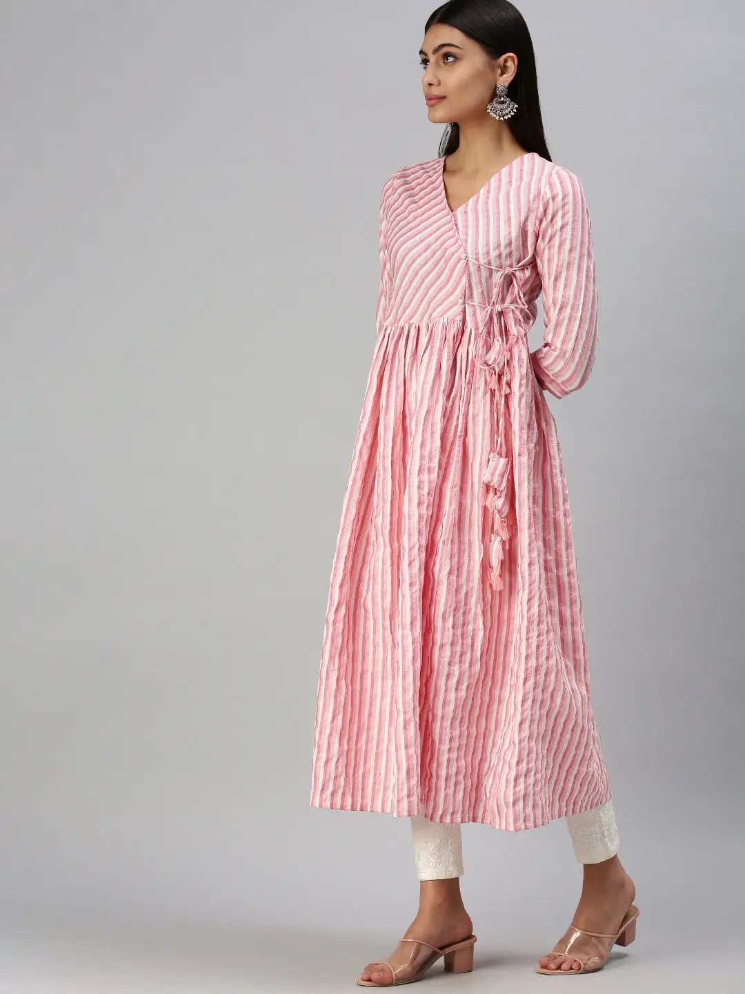 Women's Pink Striped Anarkali Kurta