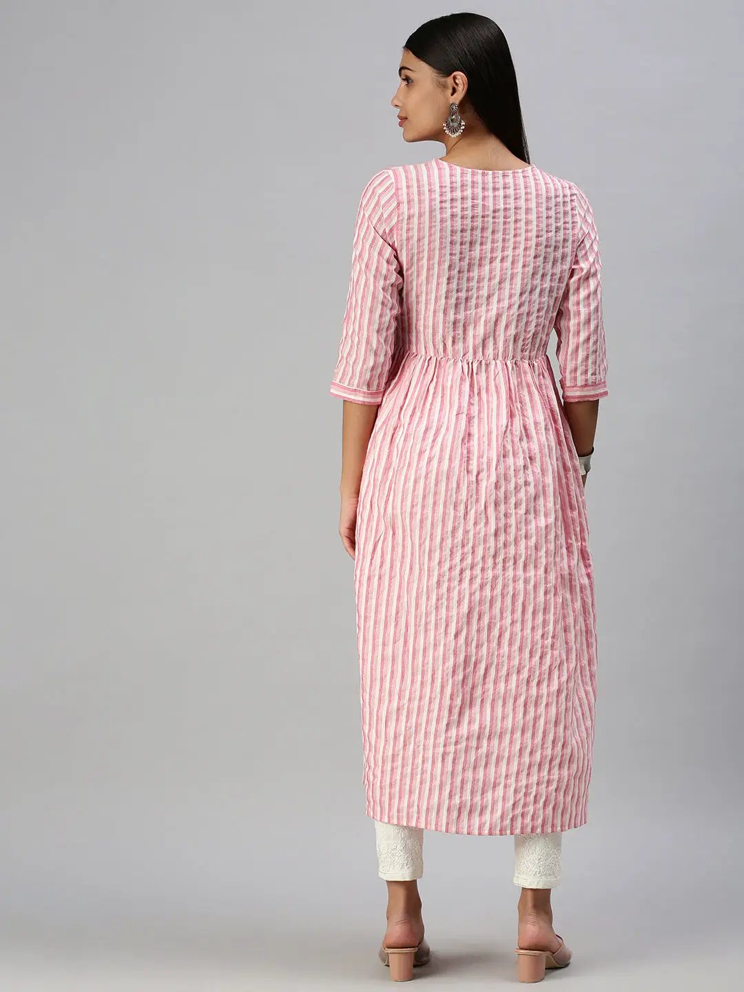 Women's Pink Striped Anarkali Kurta