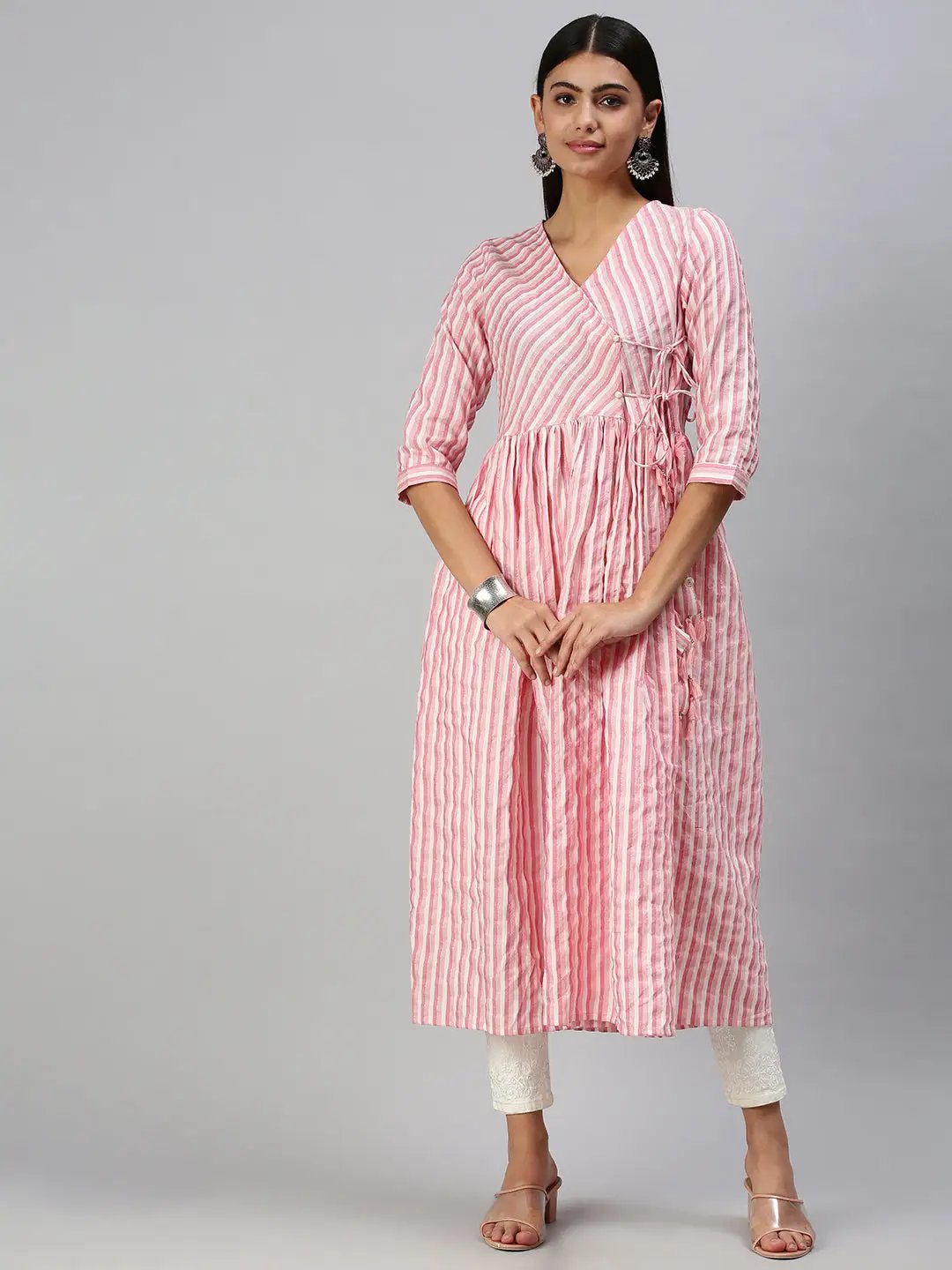 Women's Pink Striped Anarkali Kurta