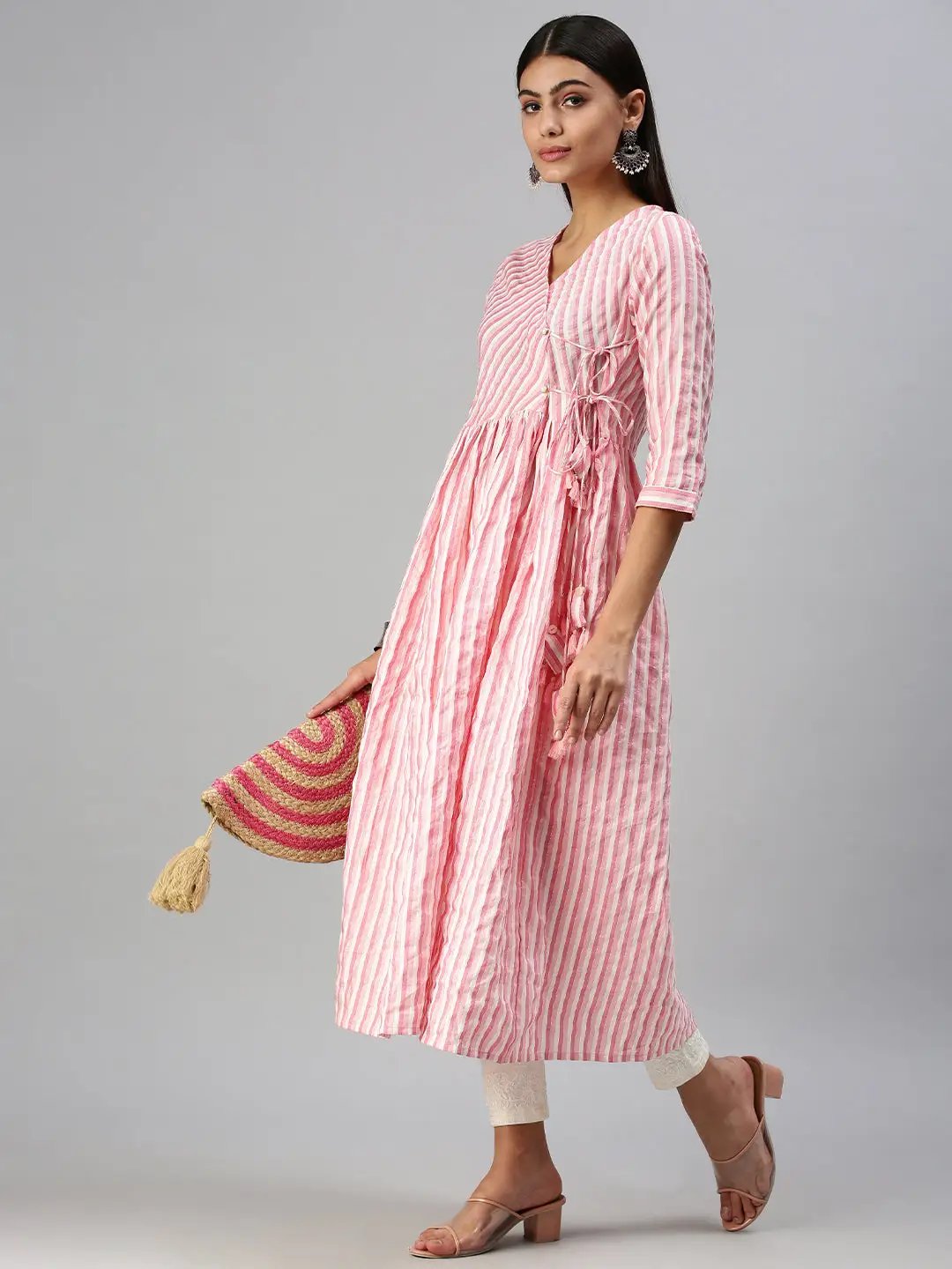 Women's Pink Striped Anarkali Kurta