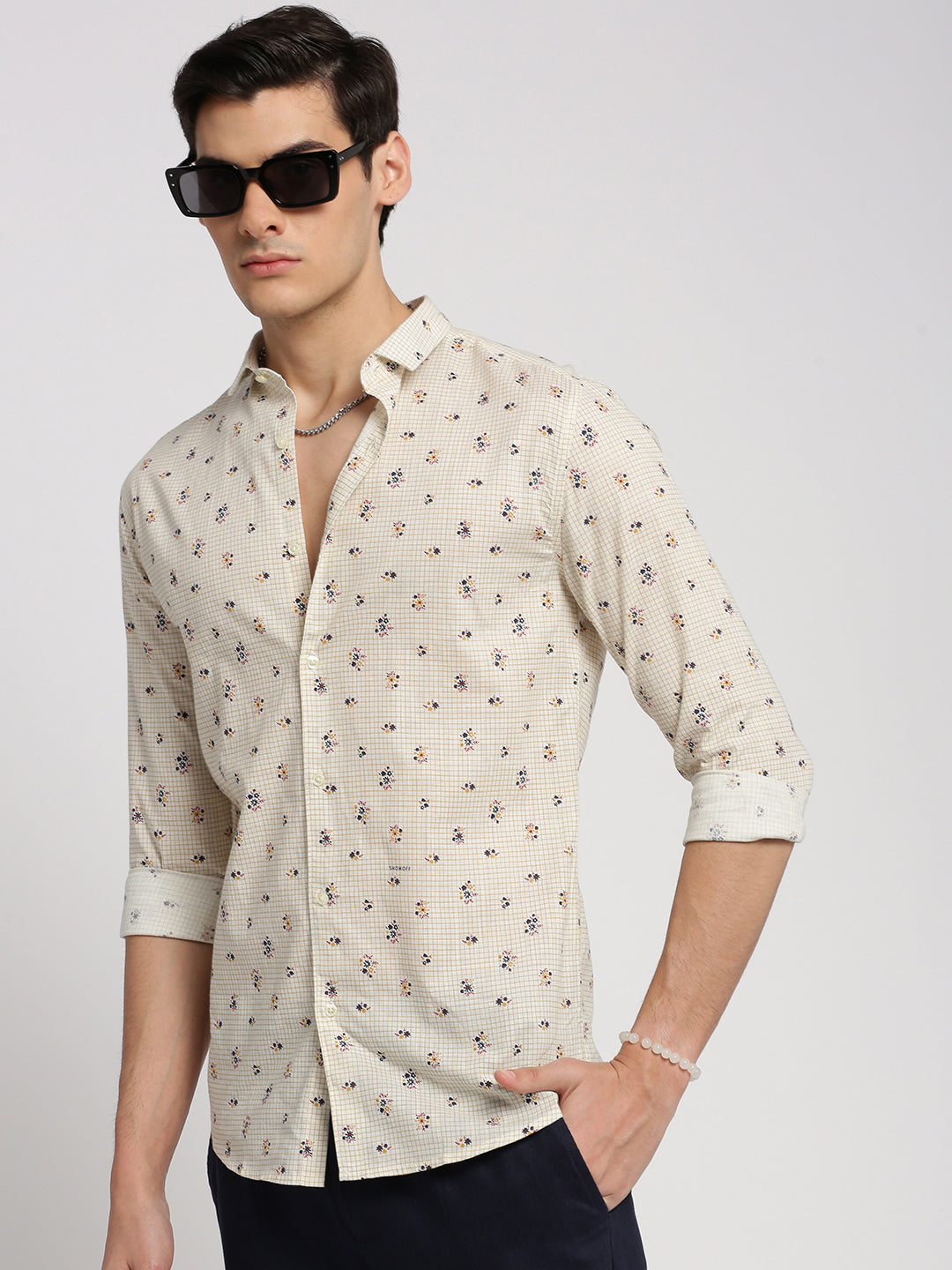 Men White Spread Collar Floral Shirt