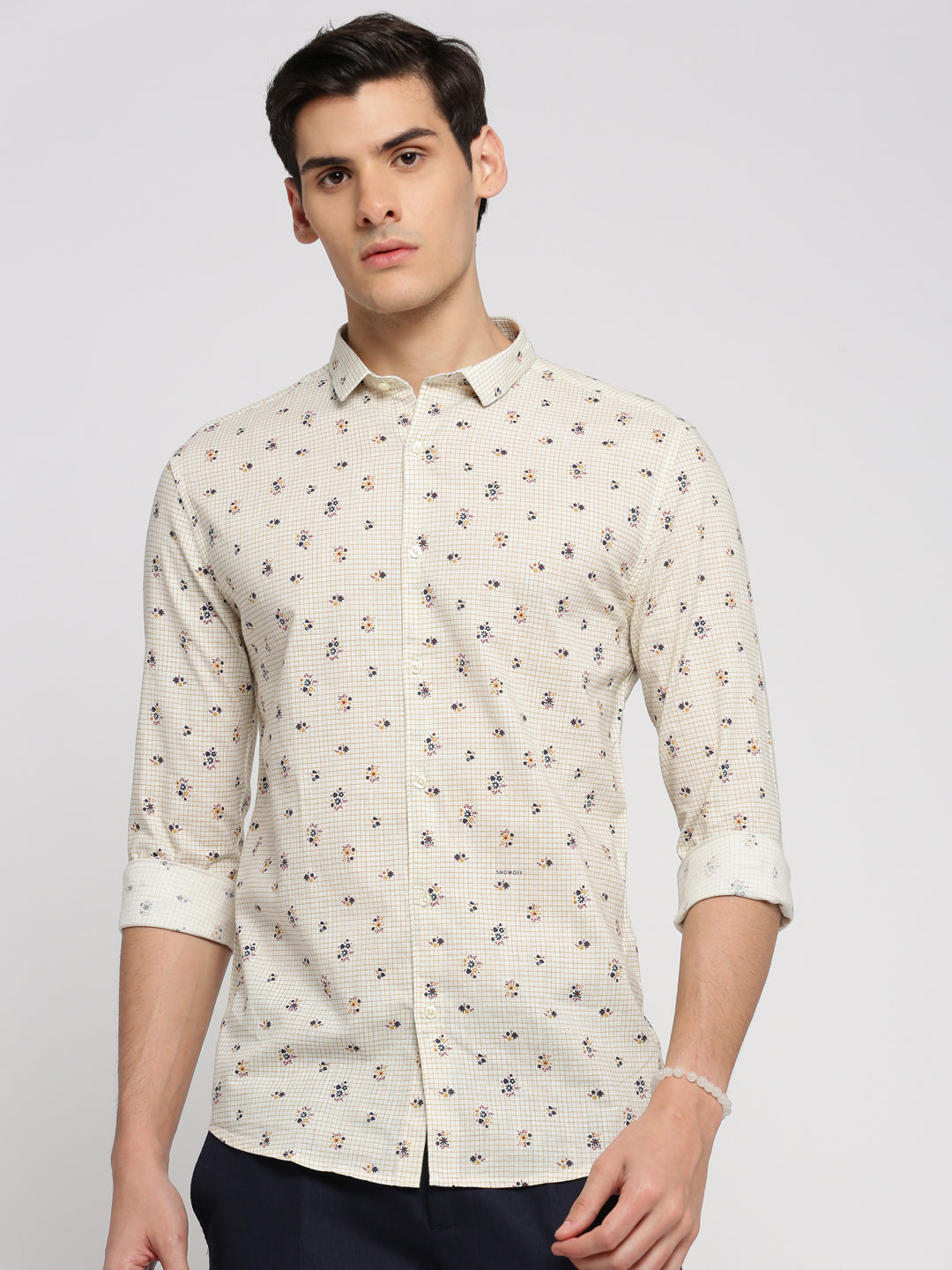 Men White Spread Collar Floral Shirt