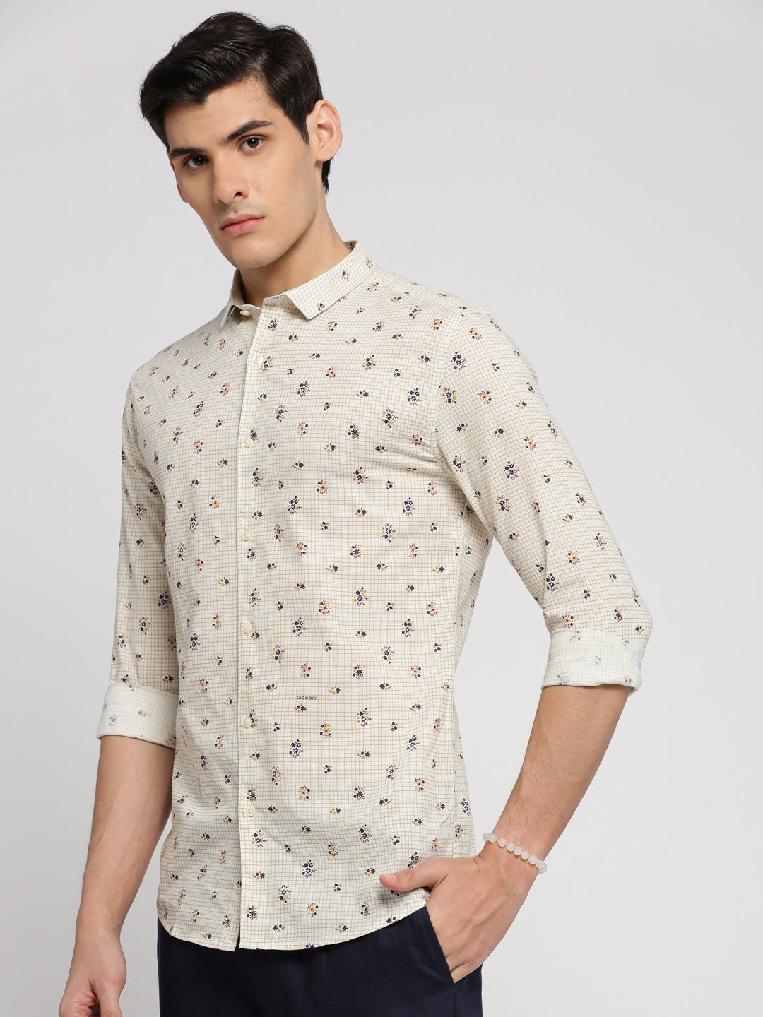 Men White Spread Collar Floral Shirt