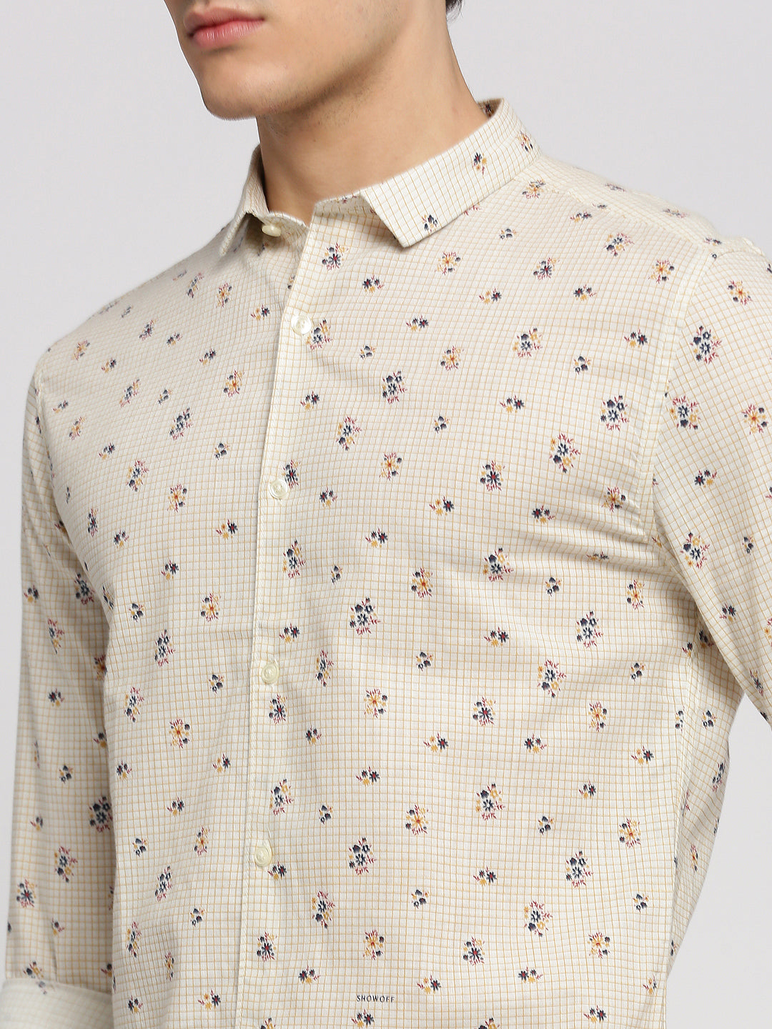 Men White Spread Collar Floral Shirt