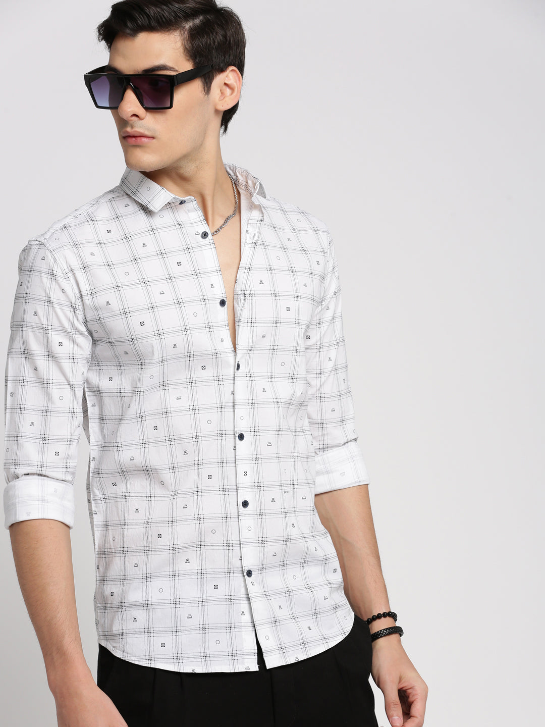 Men White Spread Collar Windowpane Checks Shirt