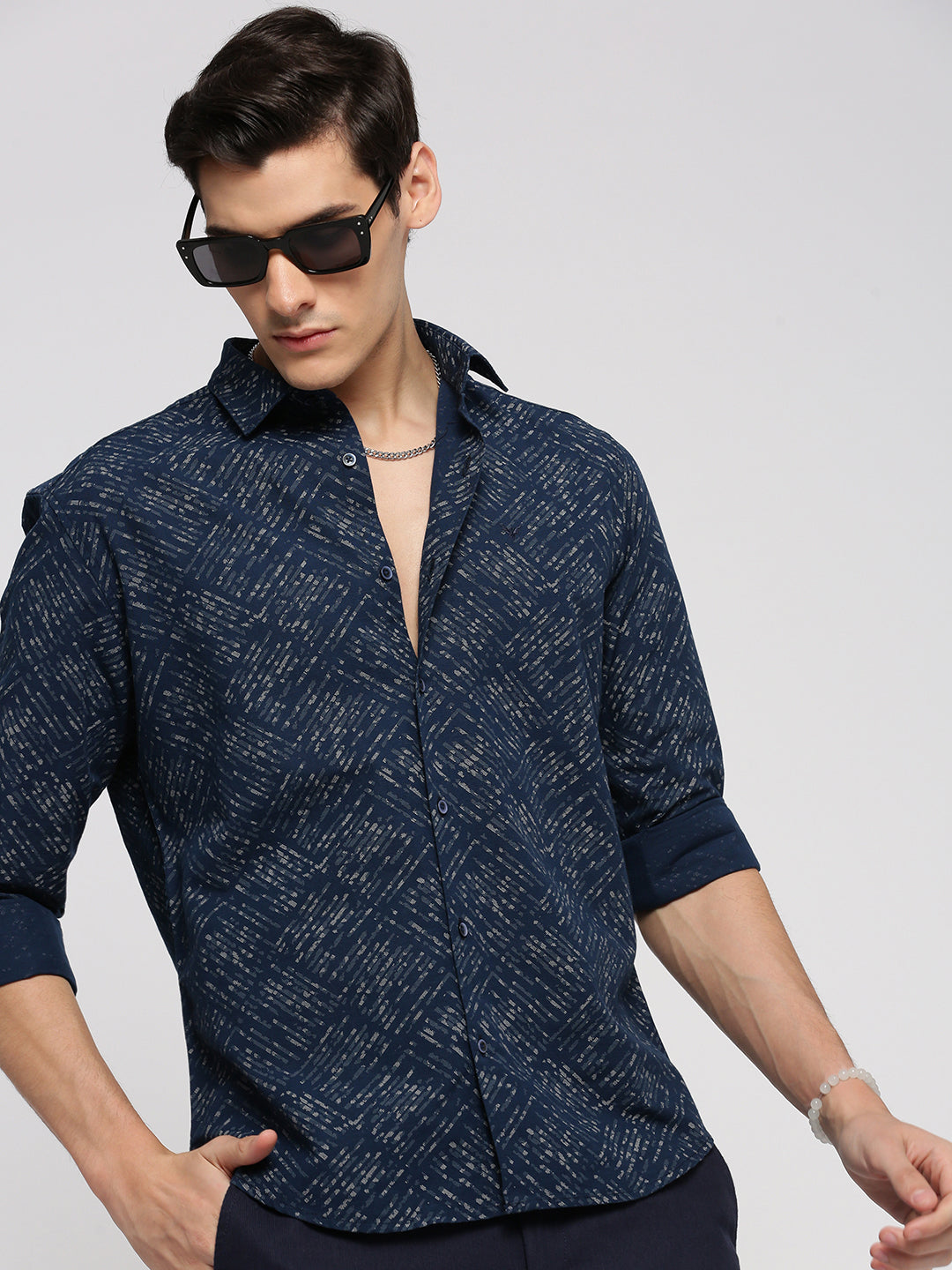 Men Navy Blue Spread Collar Geometric Shirt