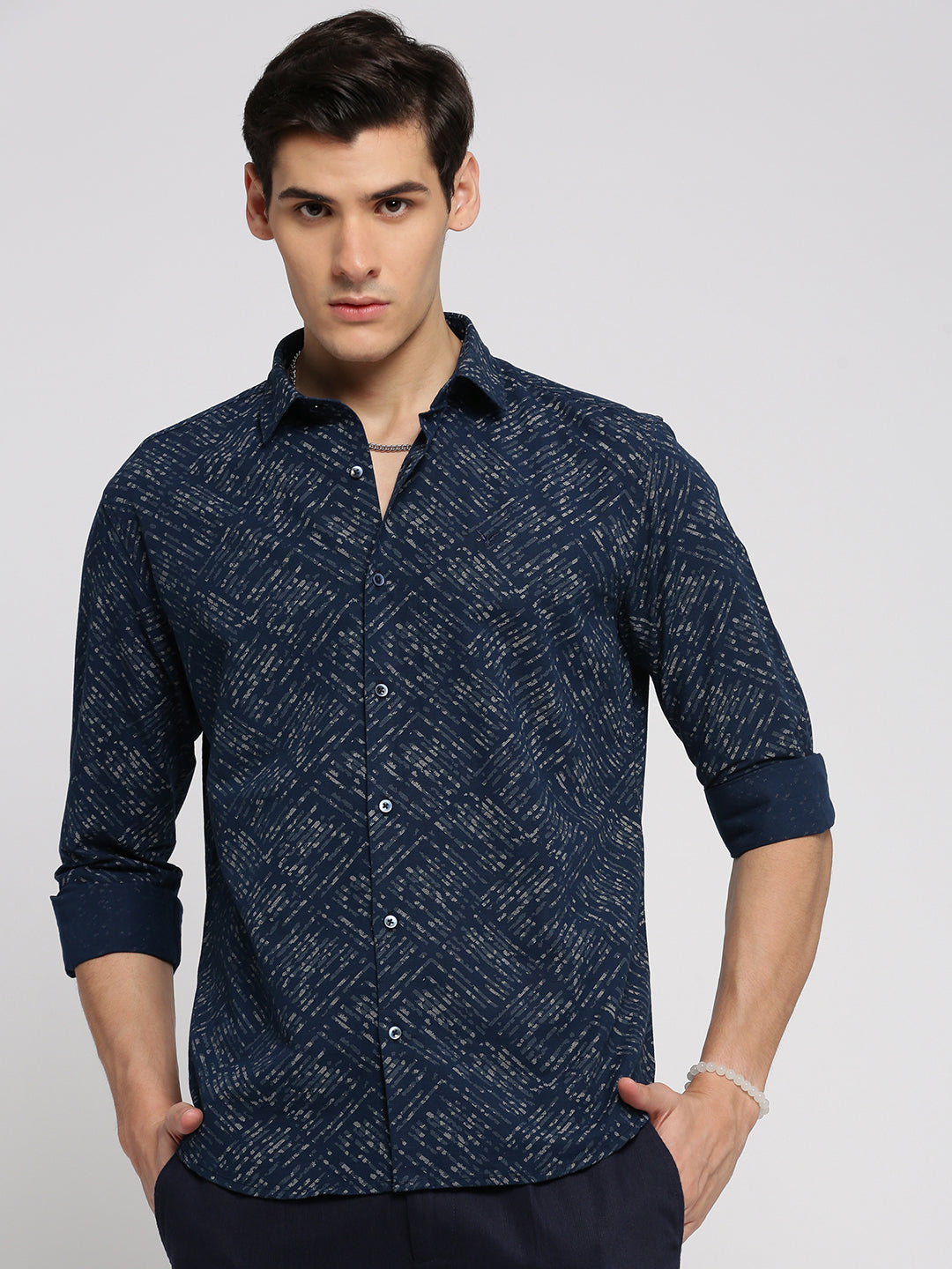 Men Navy Blue Spread Collar Geometric Shirt