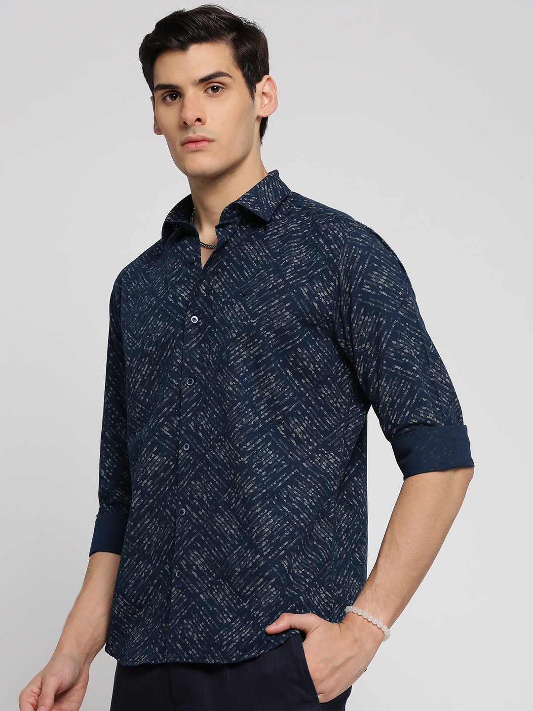 Men Navy Blue Spread Collar Geometric Shirt