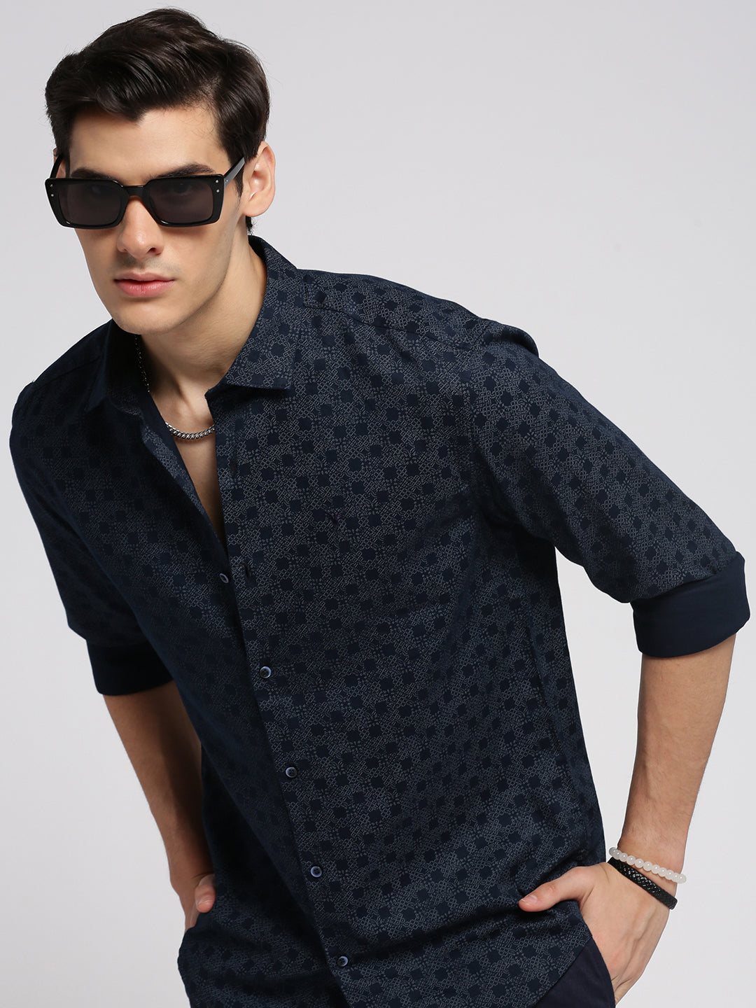 Men Navy Blue Spread Collar Geometric Shirt