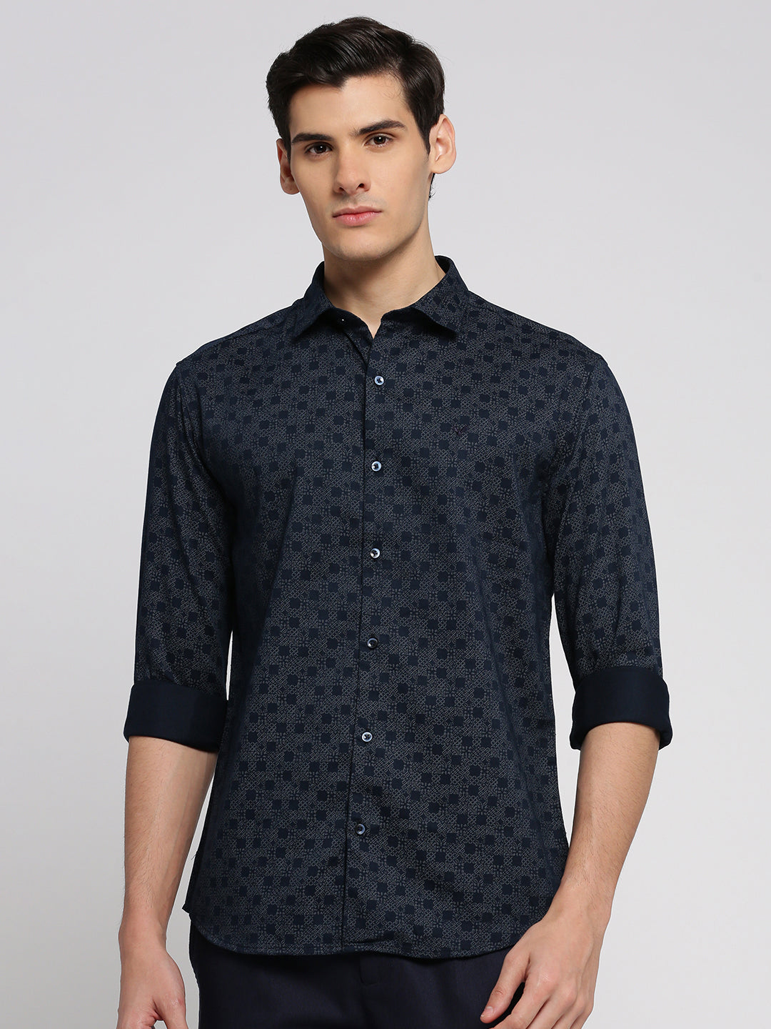 Men Navy Blue Spread Collar Geometric Shirt