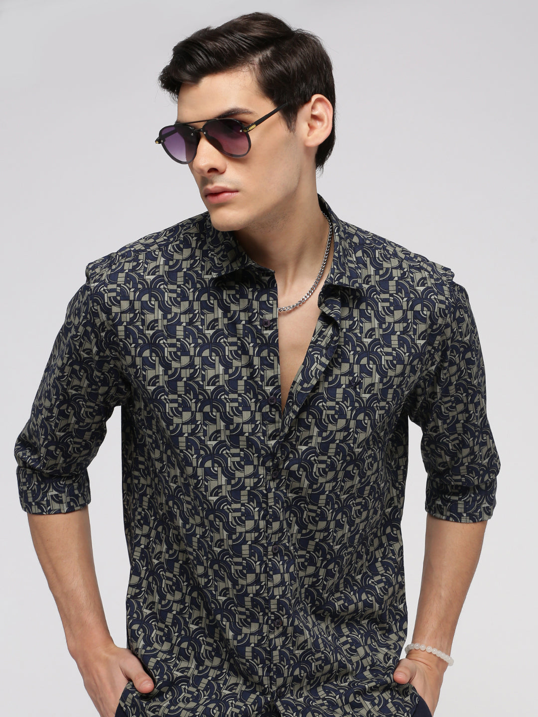 Men Navy Blue Spread Collar Geometric Shirt