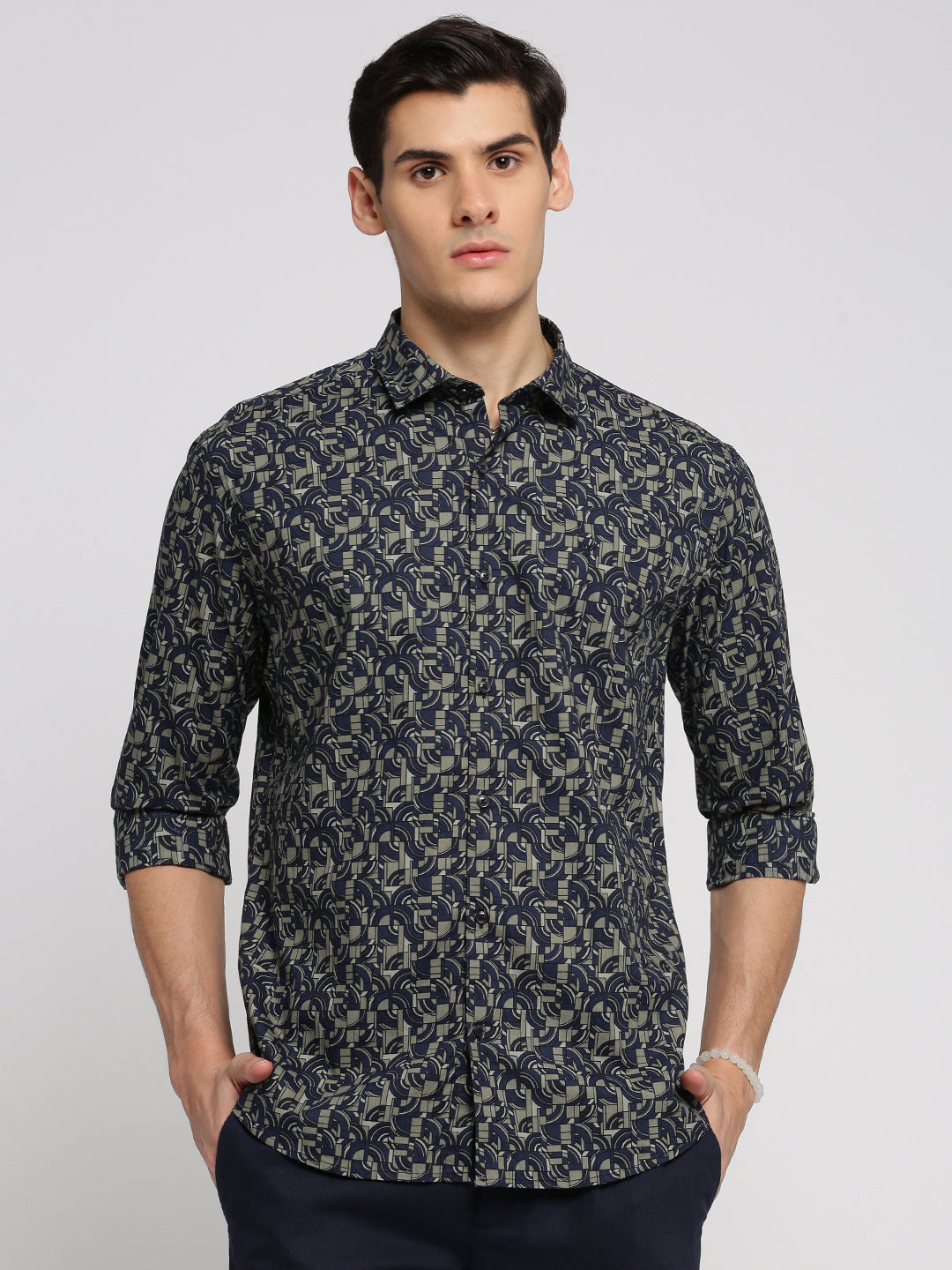 Men Navy Blue Spread Collar Geometric Shirt