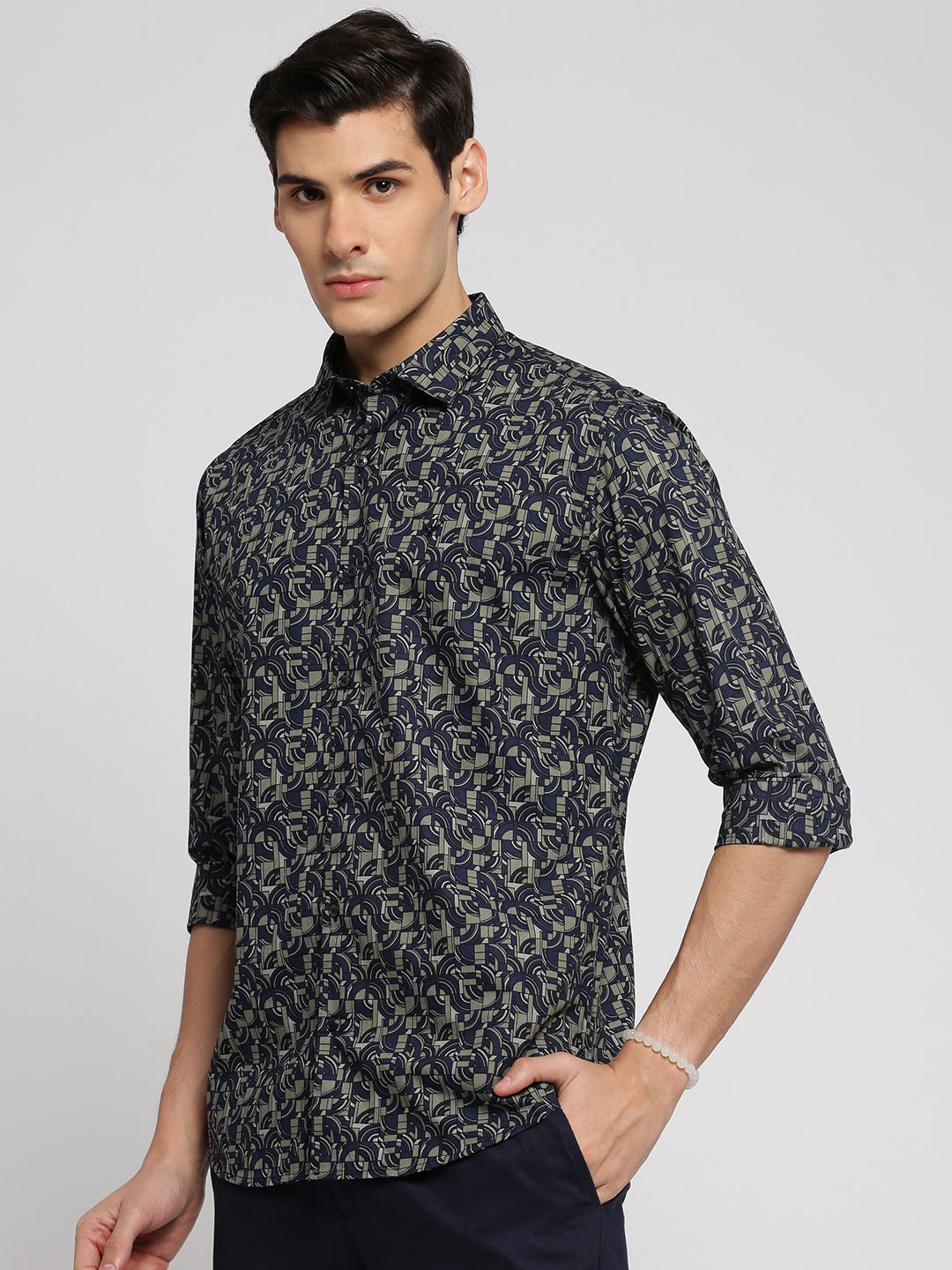 Men Navy Blue Spread Collar Geometric Shirt