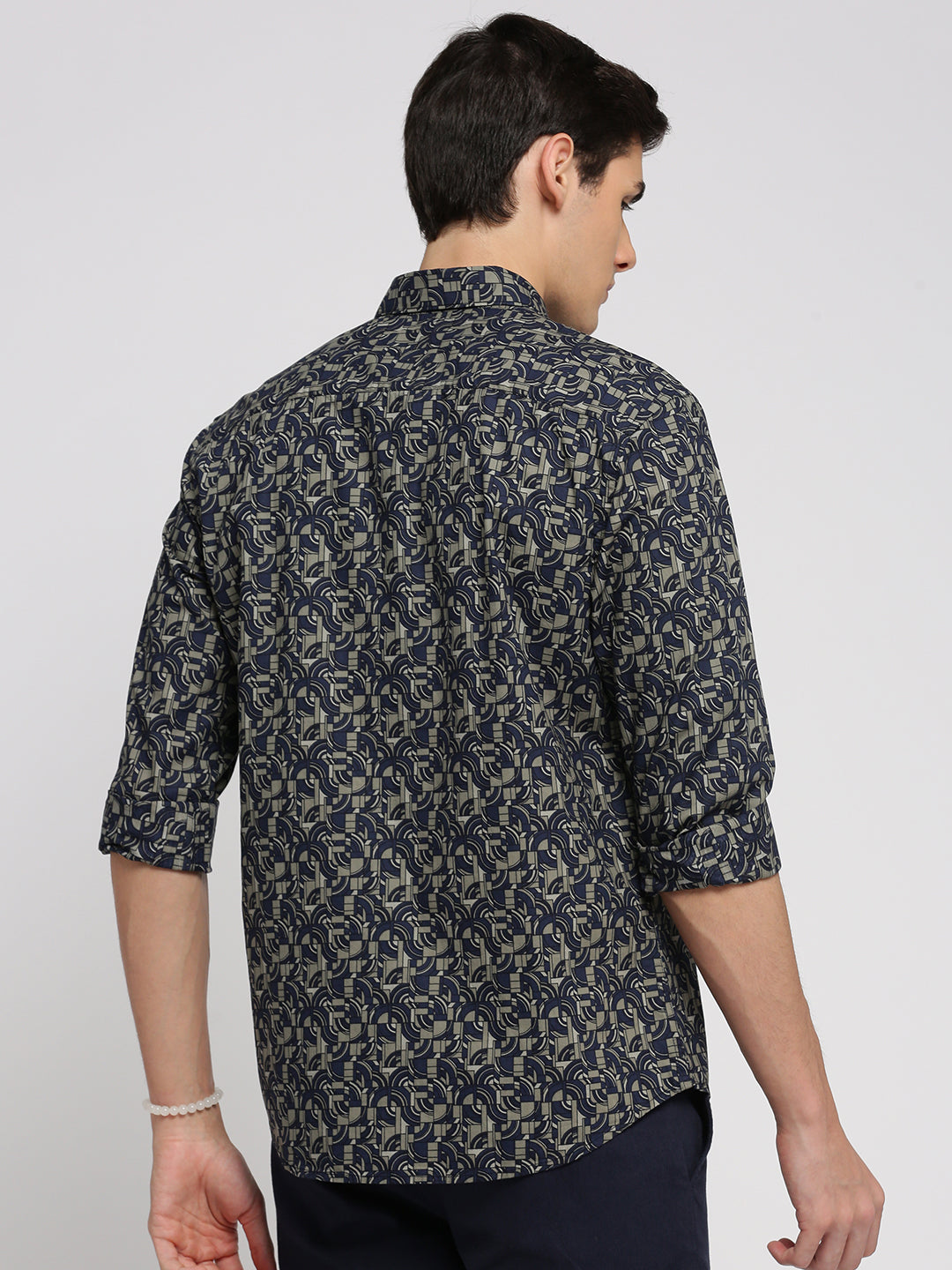 Men Navy Blue Spread Collar Geometric Shirt